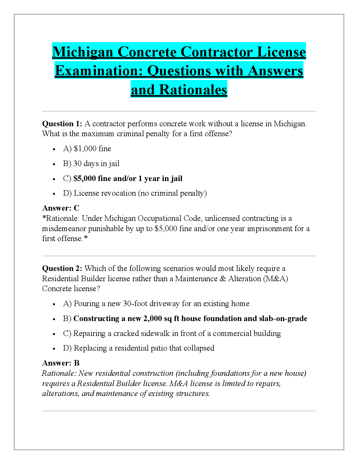 Preview of Michigan Concrete Contractor License  Examination: Questions with Answers  and Rationales