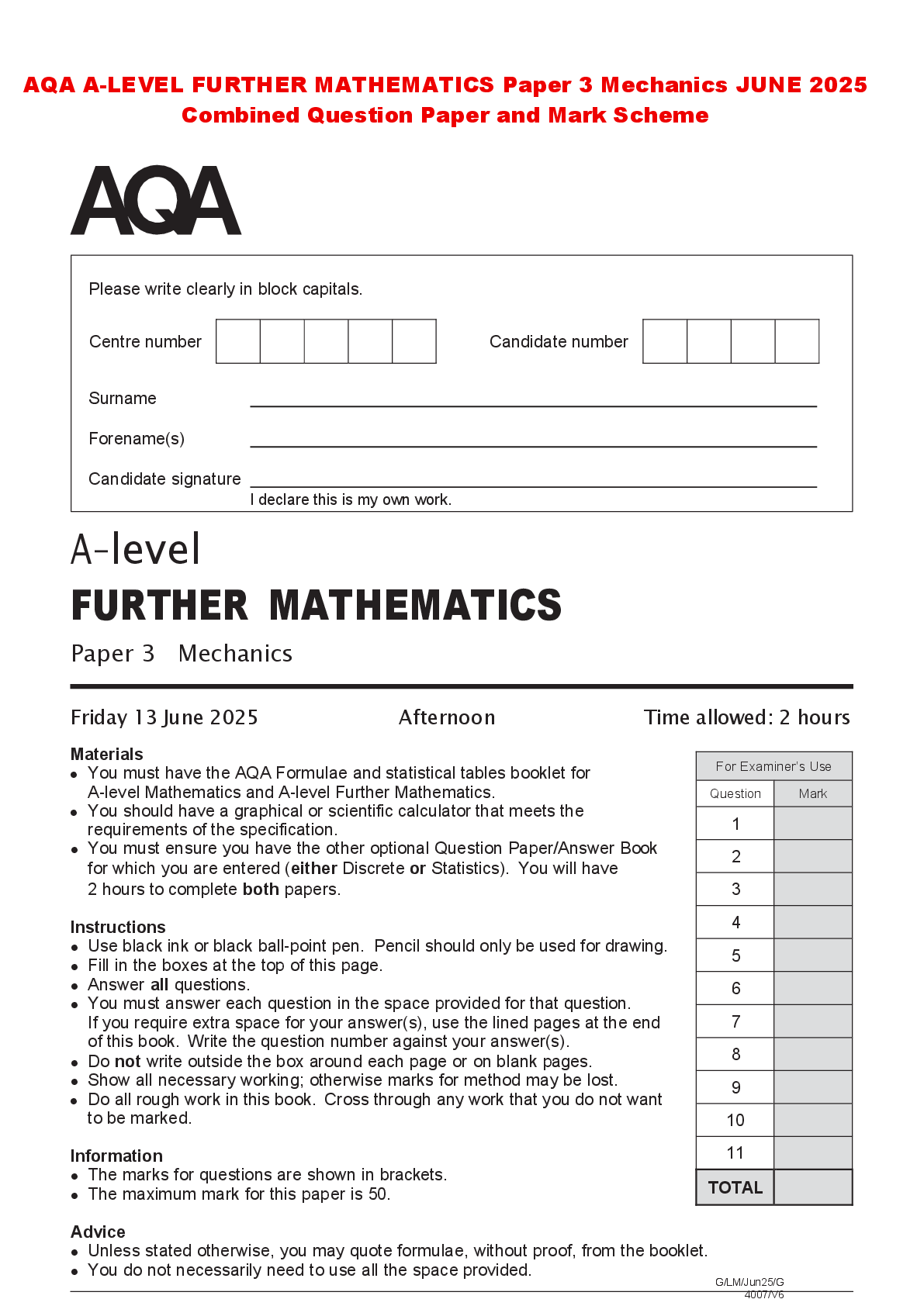 Recommended document preview for AQA A-LEVEL FURTHER MATHEMATICS Paper 3 Mechanics JUNE 2025 Combined Question Paper and Mark Scheme