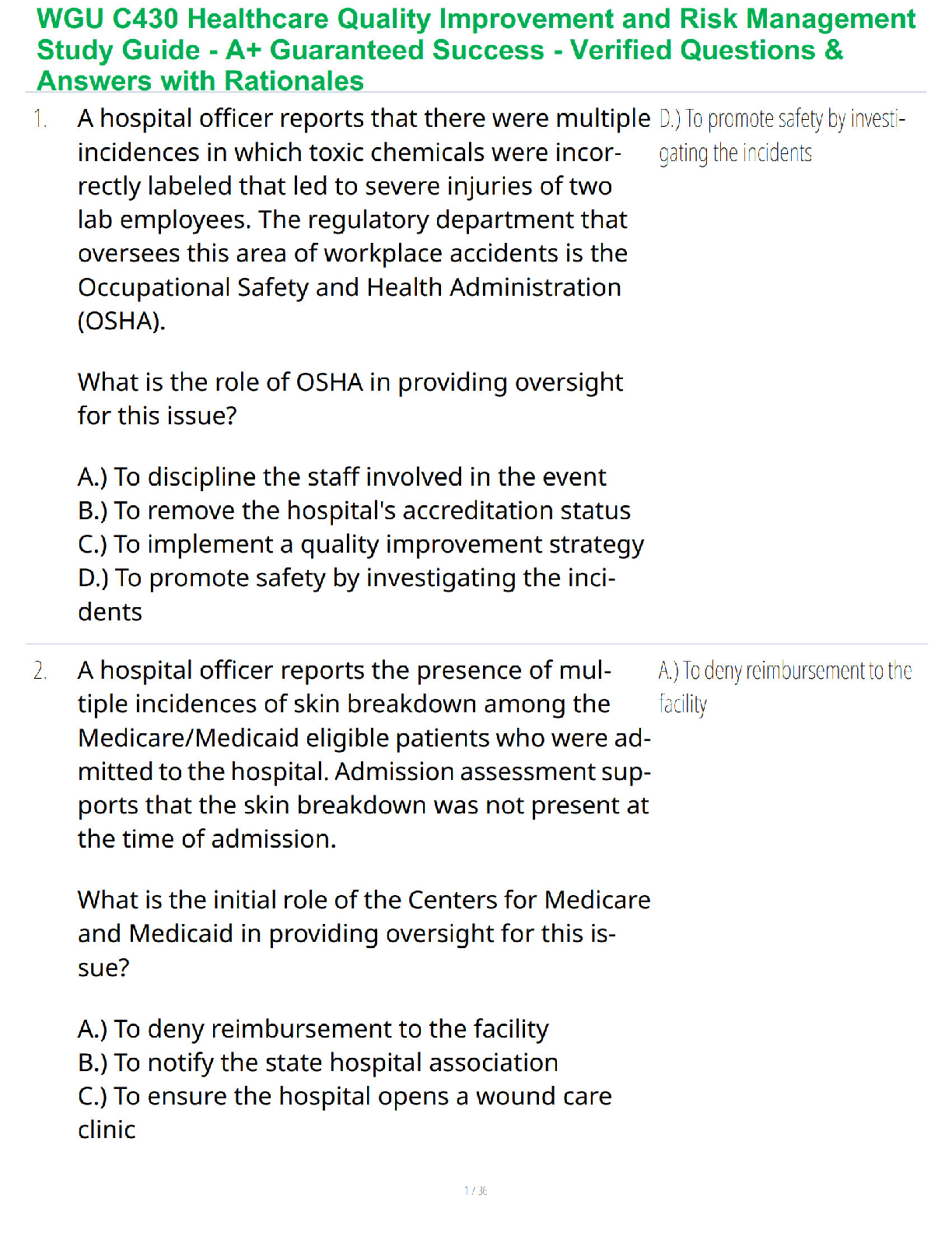 Recommended document preview for WGU C430 Healthcare Quality Improvement and Risk Management Study Guide - A+ Guaranteed Success - Verified Questions & Answers with Rationales