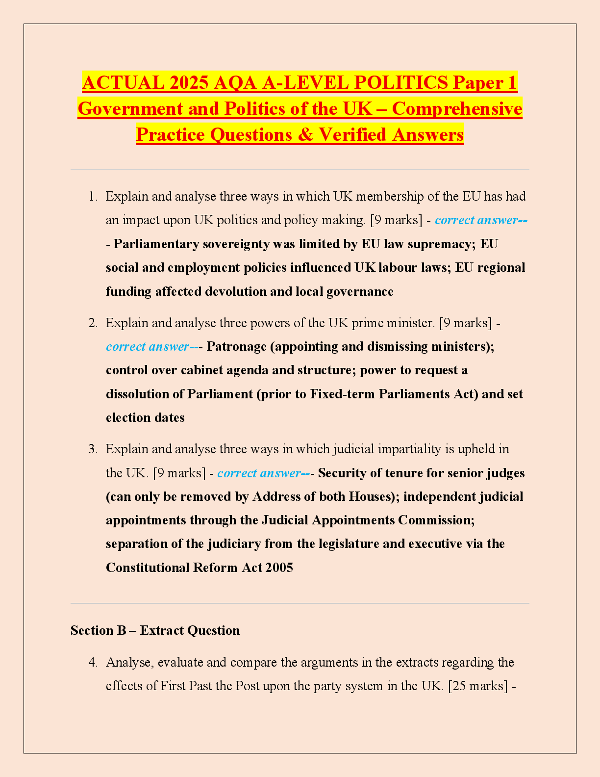 Preview of ACTUAL 2025 AQA A-LEVEL POLITICS Paper 1  Government and Politics of the UK – Comprehensiv