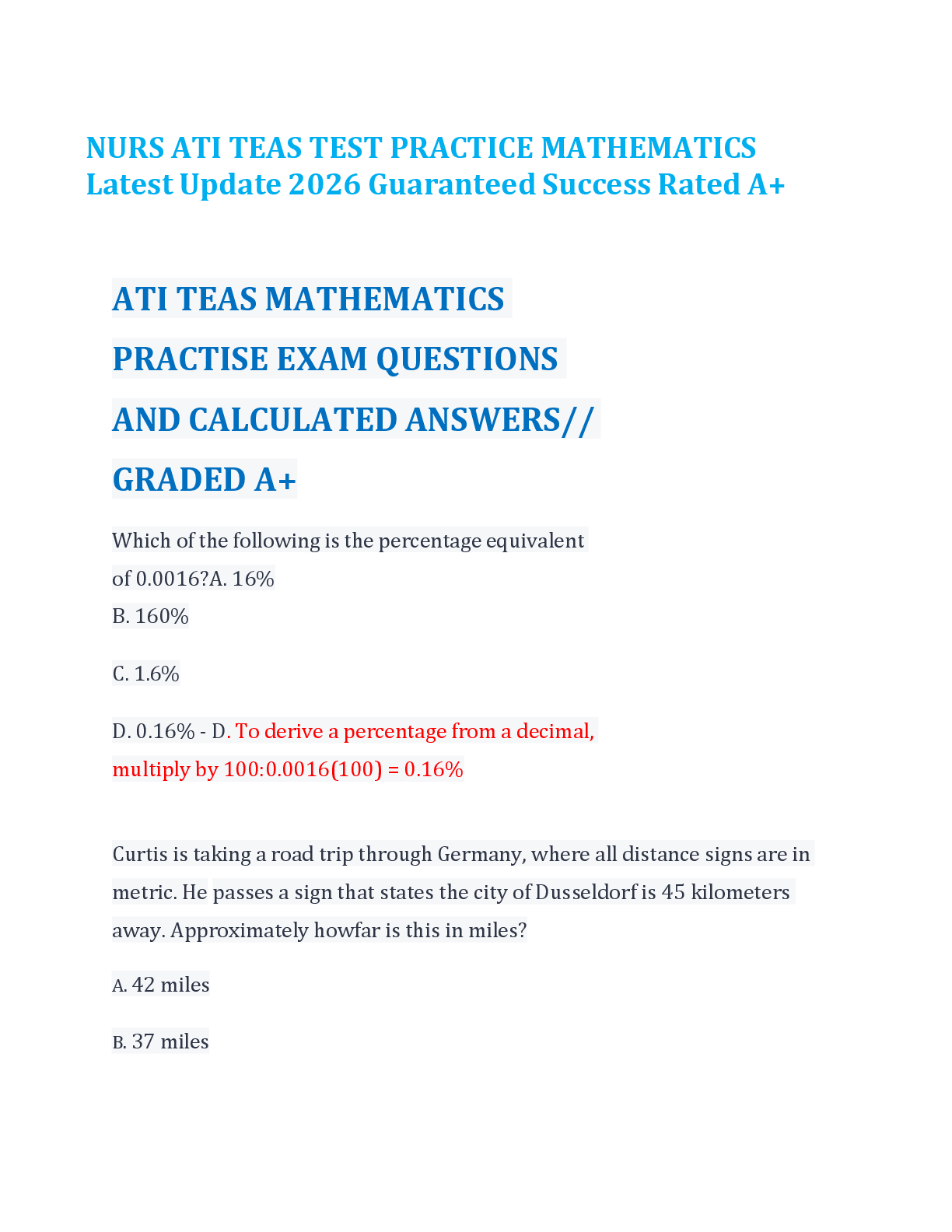 Preview of ATI TEAS 7 Mathematics Practice Exam 2026: 150+ Questions & Step-by-Step Answers | Fractions, Percentages, Algebra, Geometry, Data Interpretation | Nursing Entrance Exam Math Prep | Guaranteed A+