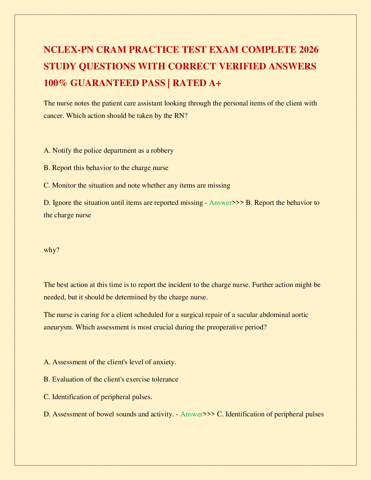 NCLEX-PN CRAM PRACTICE TEST EXAM COMPLETE 2026 STUDY QUESTIONS WITH CORRECT VERIFIED ANSWERS 100% GUARANTEED PASS | RATED A+
