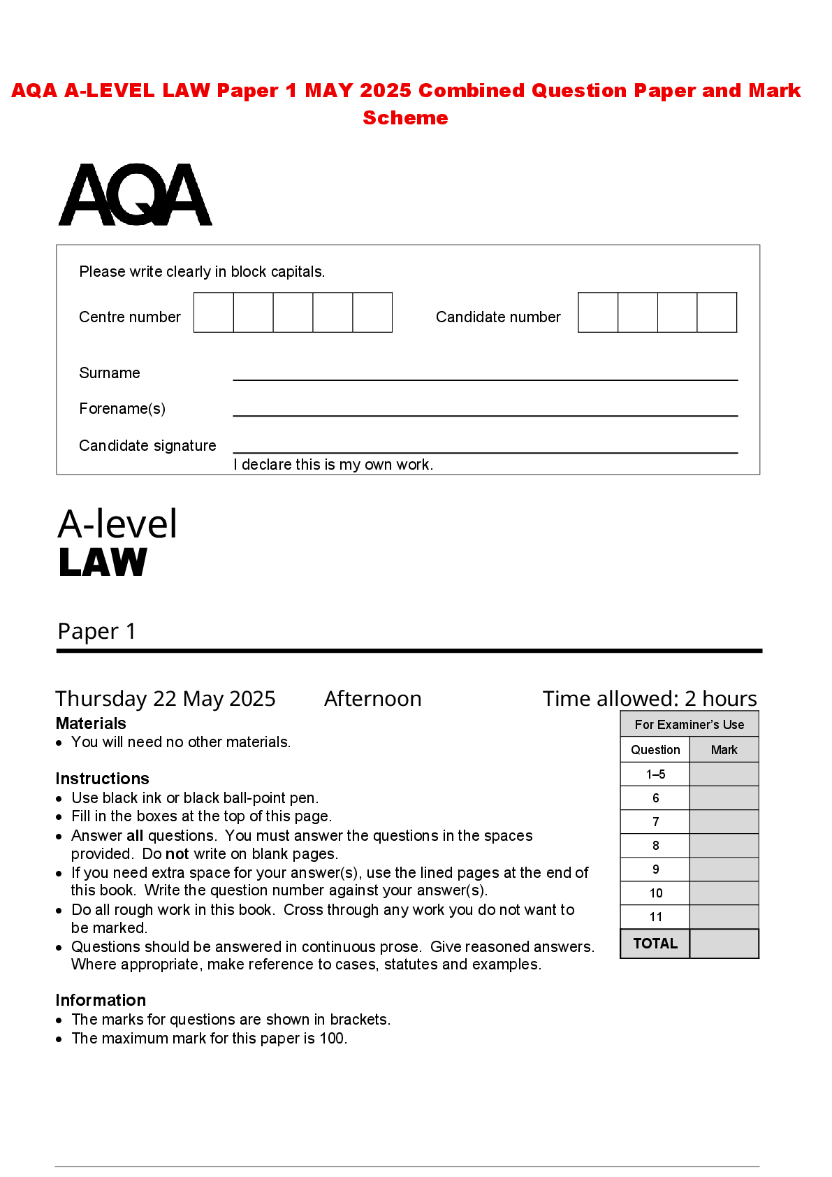 Recommended document preview for AQA A-LEVEL LAW Paper 1 MAY 2025 Combined Question Paper and Mark Scheme