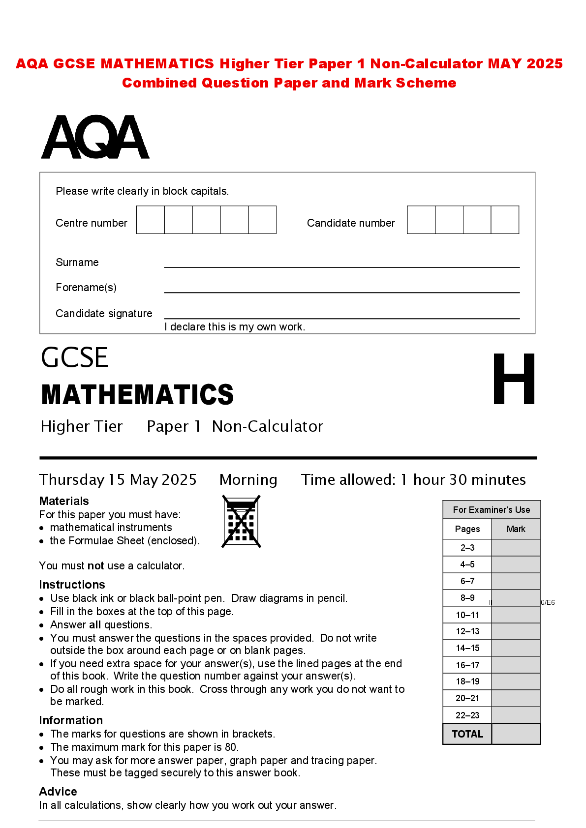 Recommended document preview for AQA GCSE MATHEMATICS Higher Tier Paper 1 Non-Calculator MAY 2025 Combined Question Paper and Mark Scheme