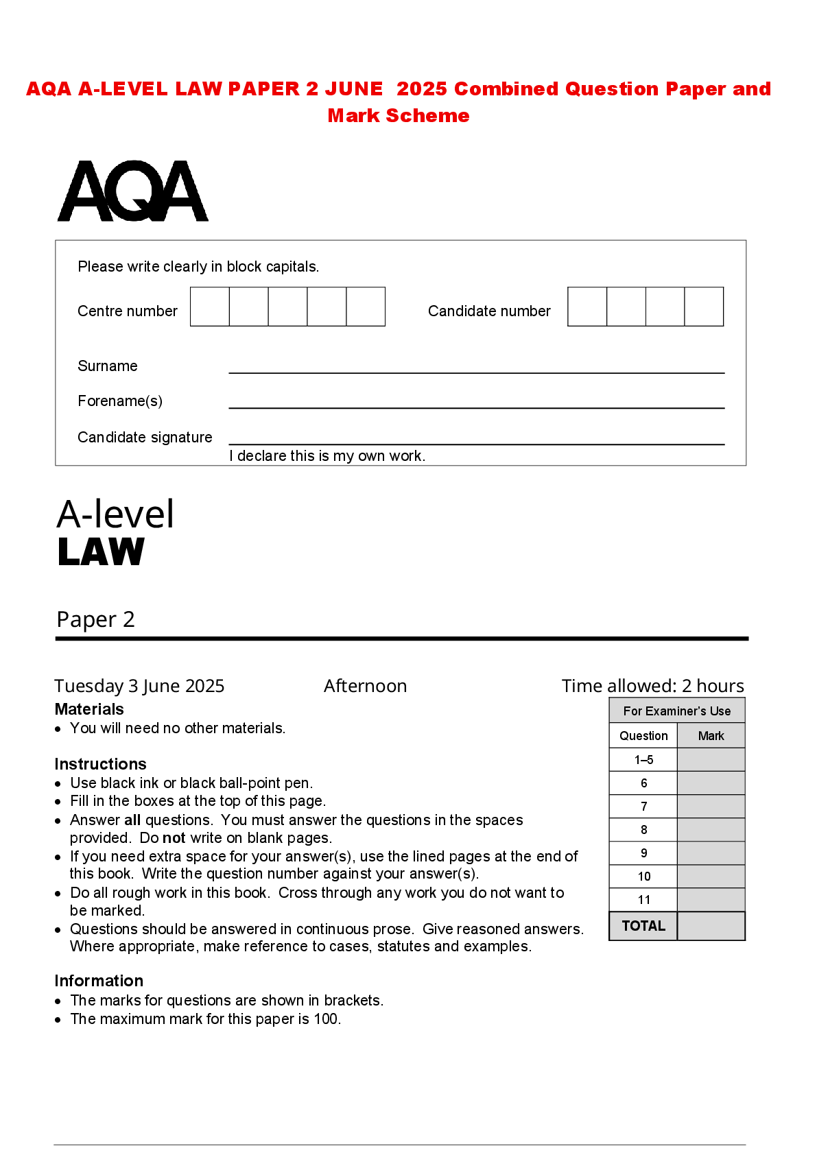 Preview of AQA A-LEVEL LAW PAPER 2 JUNE 2025 Combined Question Paper and Mark Scheme