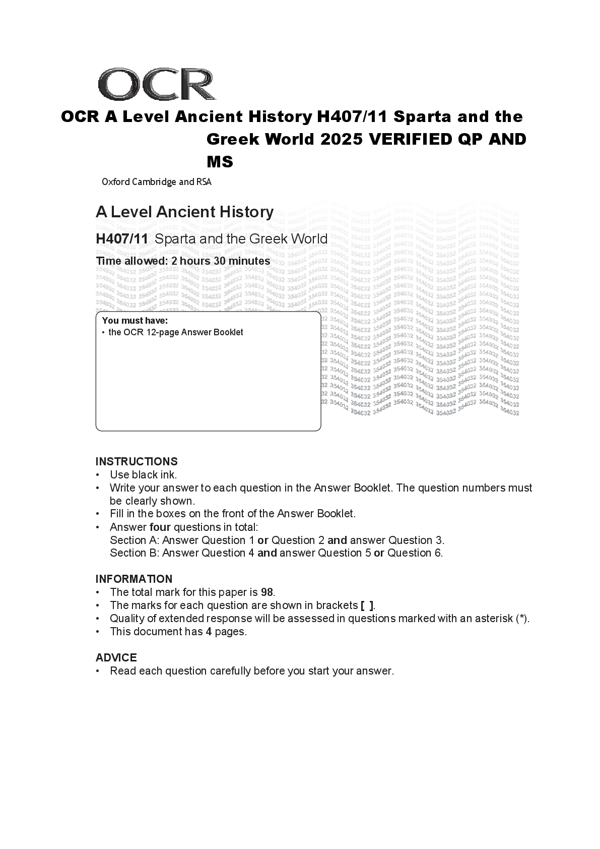 Recommended document preview for OCR A Level Ancient History H407/11 Sparta and the  Greek World 2025 VERIFIED QP AND  MS