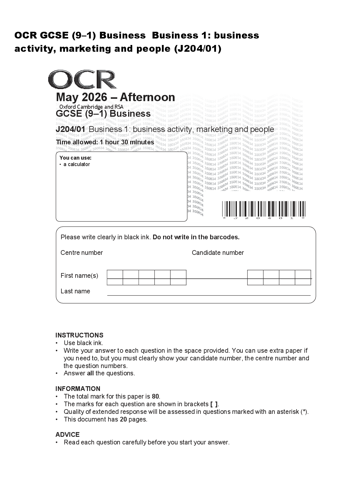 Preview image for OCR GCSE (9–1) Business Business 1: business activity, marketing and people (J204/01)