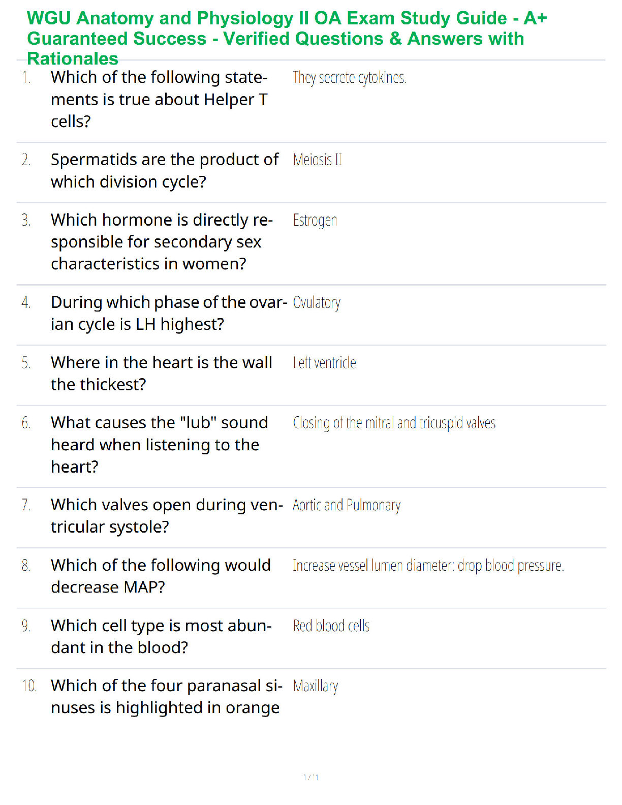 WGU Anatomy and Physiology II OA Exam Study Guide - A+ Guaranteed Success - Verified Questions & Answers with Rationales