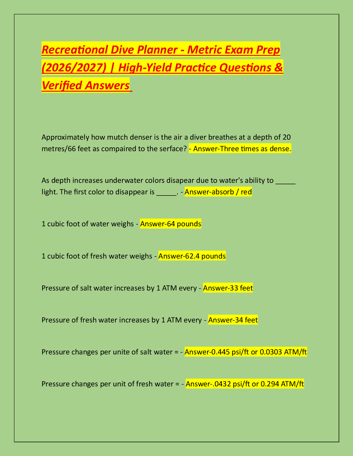Recommended document preview for Recreational Dive Planner - Metric Exam Prep  (2026/2027) | High-Yield Practice Questions &  Verified Answers
