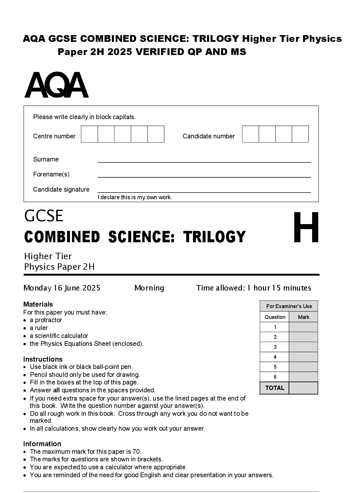 Preview of AQA GCSE COMBINED SCIENCE: TRILOGY Higher Tier Physics  Paper 2H 2025 VERIFIED QP AND MS