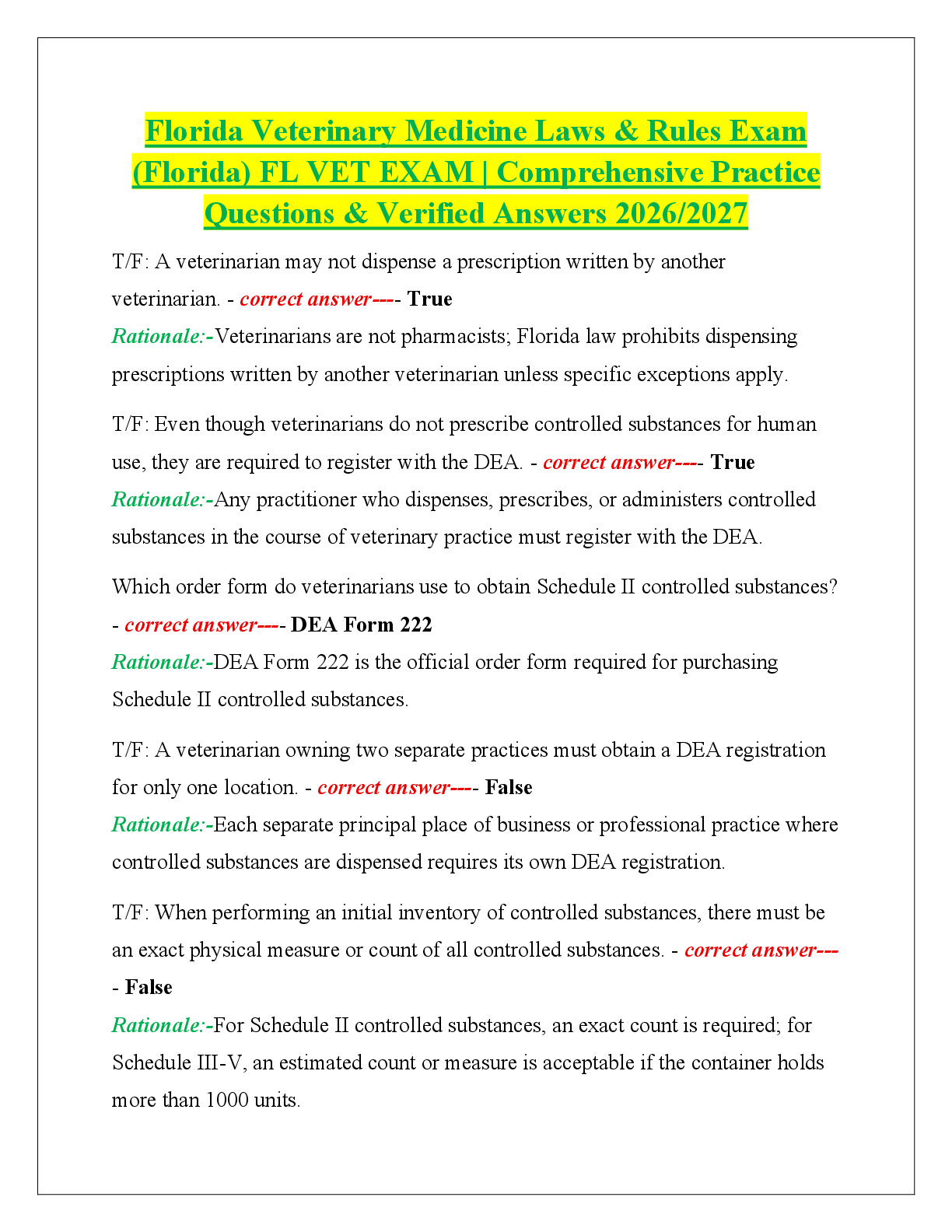 Recommended document preview for Florida Veterinary Medicine Laws & Rules Exam  (Florida) FL VET EXAM | Comprehensive Practice  Questions & Verified Answers 2026/2027