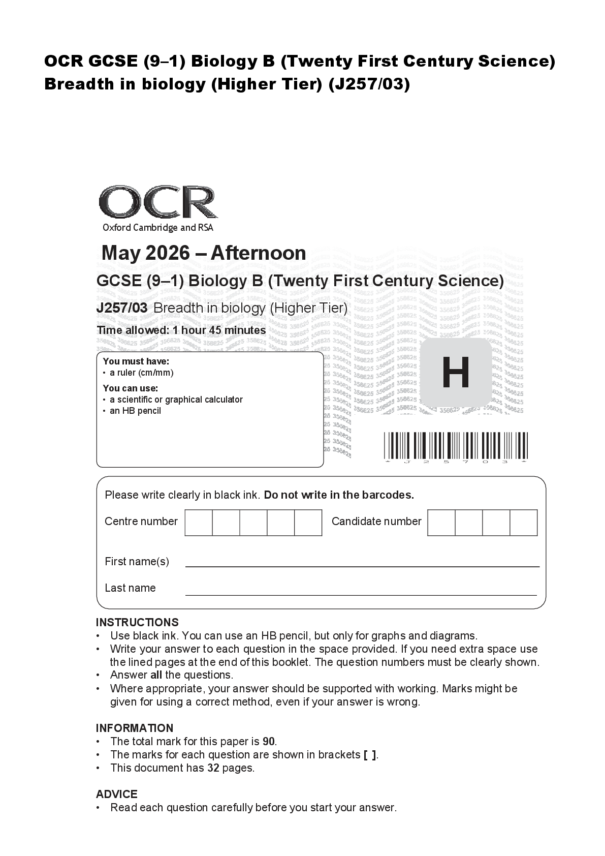 Preview image for OCR GCSE (9–1) Biology B (Twenty First Century Science) Breadth in biology (Higher Tier) (J257/03)