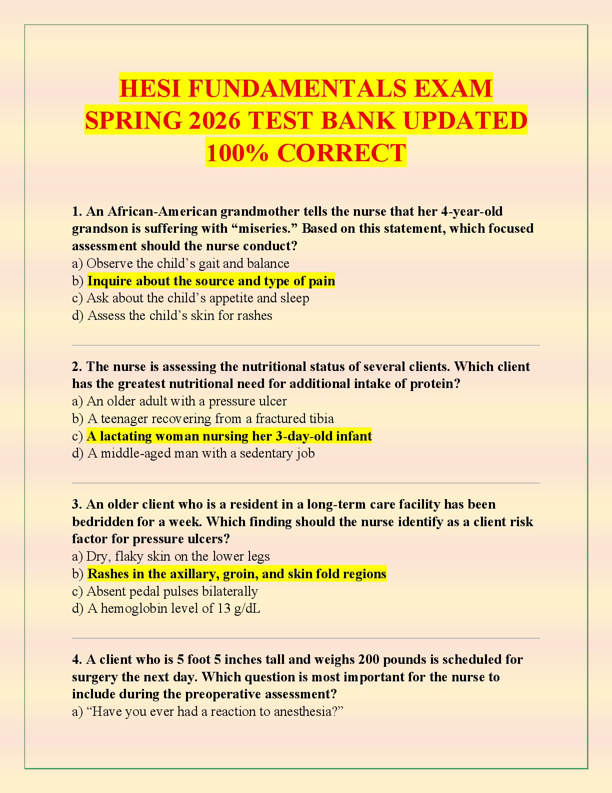 Preview of HESI FUNDAMENTALS EXAM  SPRING 2026 TEST BANK UPDATED  100% CORRECT