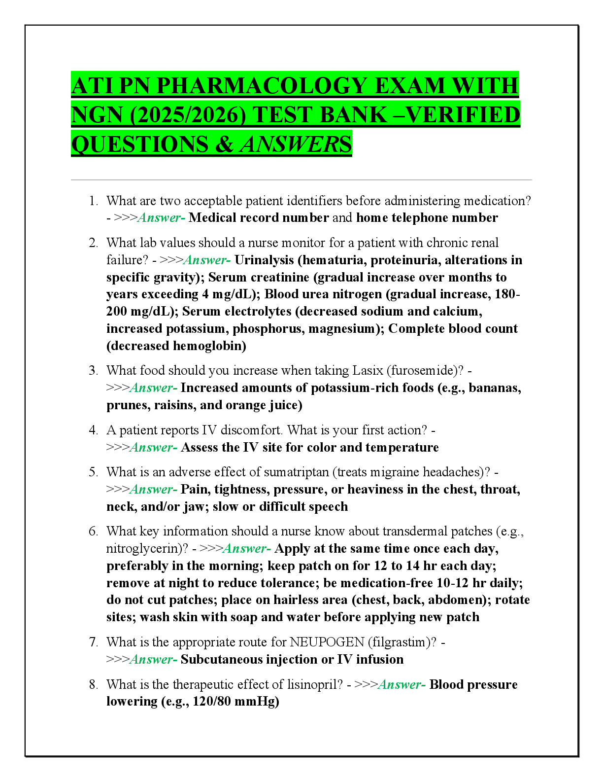 Preview of ATI PN PHARMACOLOGY EXAM WITH  NGN (2025/2026) TEST BANK –VERIFIED  QUESTIONS & ANSWERS
