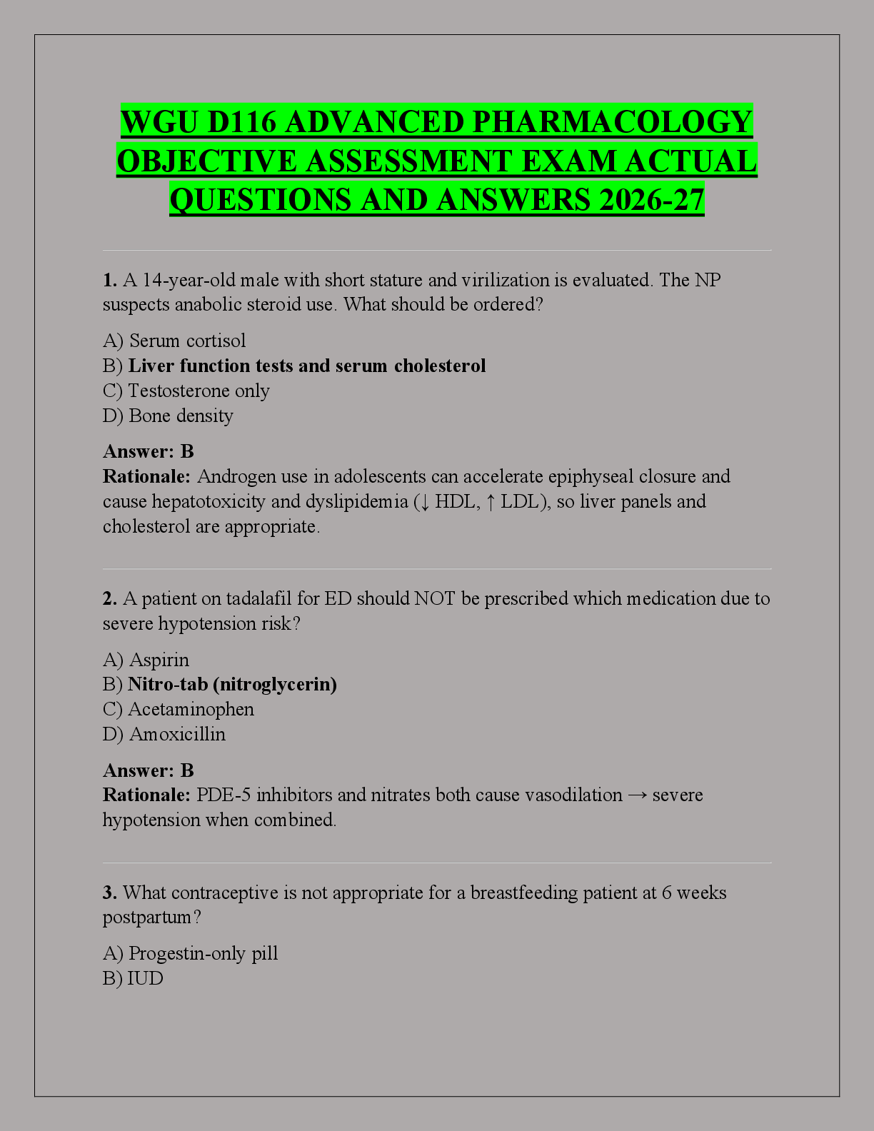 Preview of WGU D116 ADVANCED PHARMACOLOGY  OBJECTIVE ASSESSMENT EXAM ACTUAL  QUESTIONS AND ANSWERS 2026-27