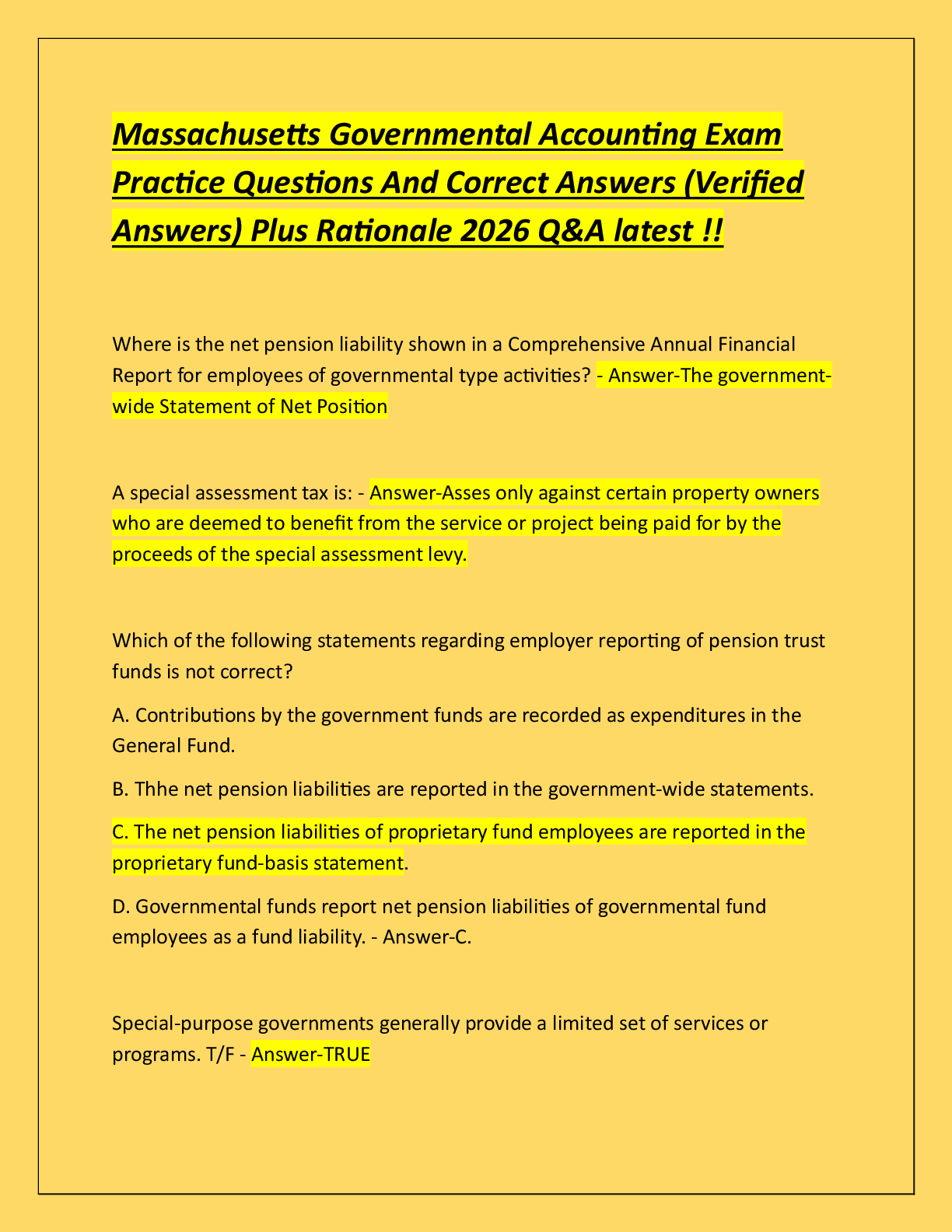 Recommended document preview for Massachusetts Governmental Accounting Exam  Practice Questions And Correct Answers (Verified  Answers) Plus Rationale 2026 Q&A latest !!