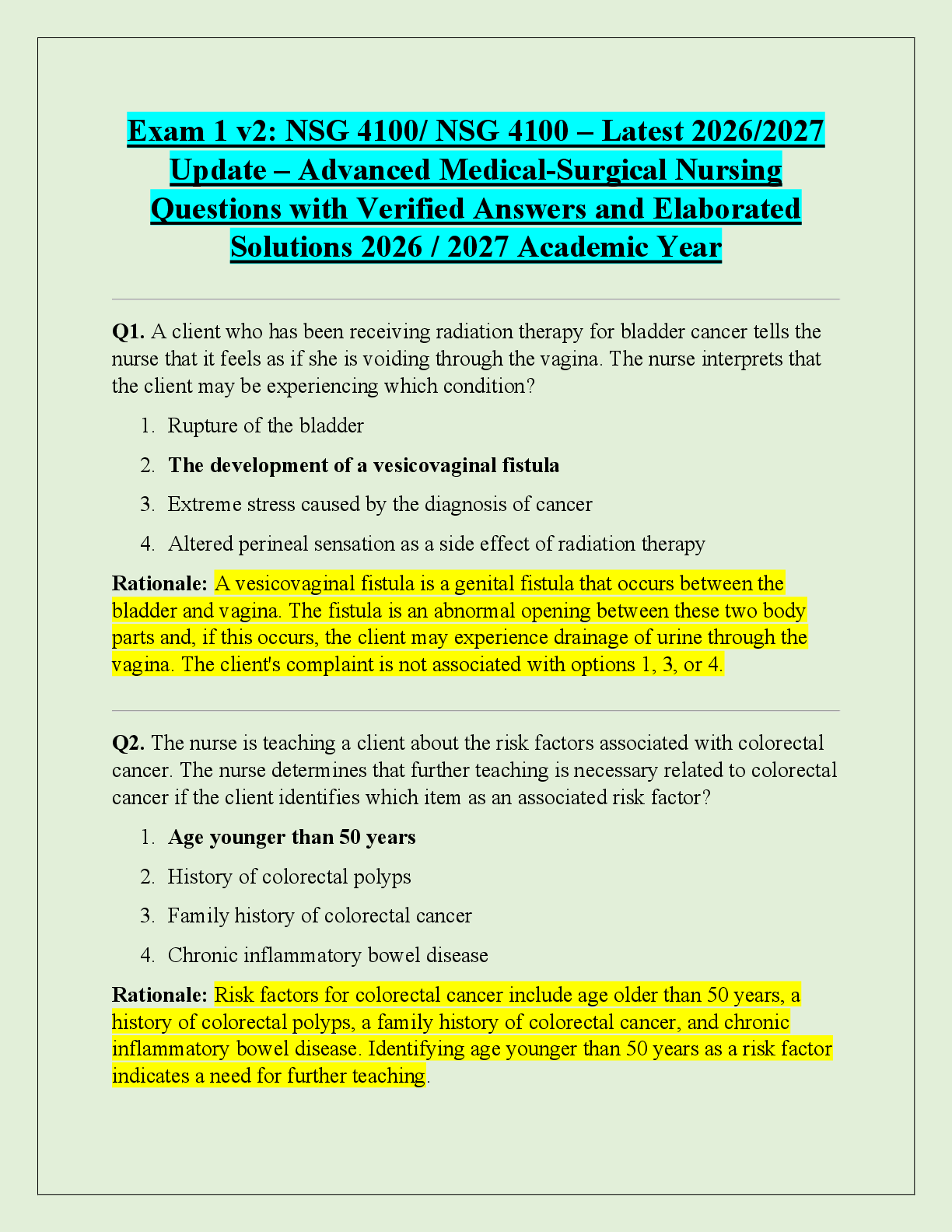 Recommended document preview for Exam 1 v2: NSG 4100/ NSG 4100 – Latest 2026/2027  Update – Advanced Medical-Surgical Nursing  Questions with Verified Answers and Elaborated  Solutions 2026 / 2027 Academic Year