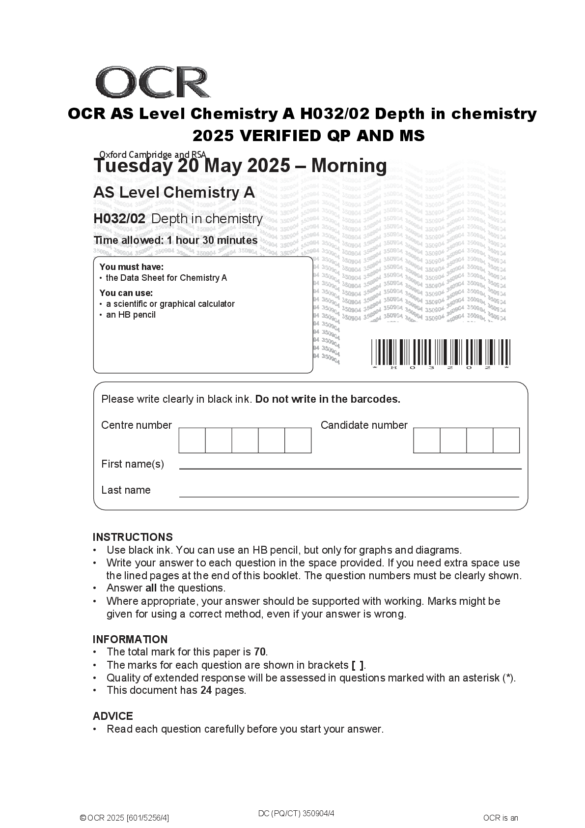 Preview of OCR AS Level Chemistry A H032/02 Depth in chemistry  2025 VERIFIED QP AND MS OCR AS Level