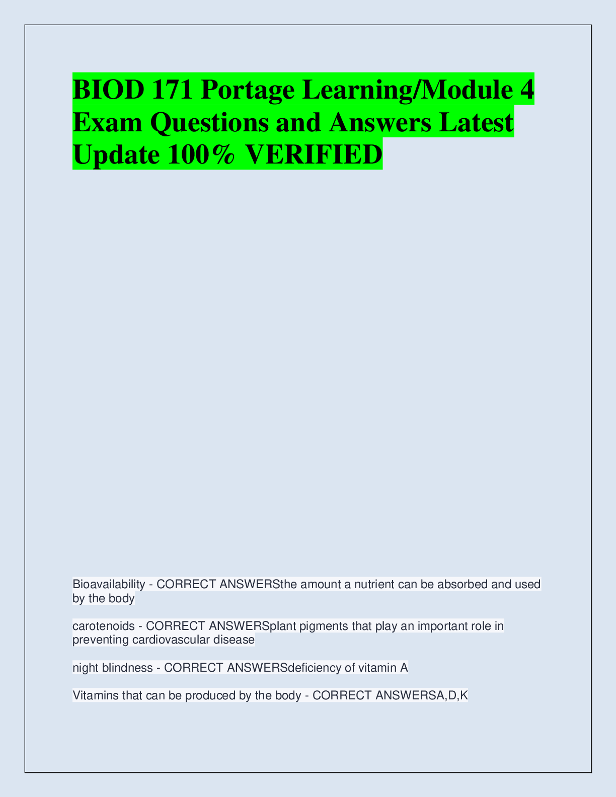 Recommended document preview for BIOD 171 Portage Learning/Module 4  Exam Questions and Answers Latest  Update 100% VERIFIED