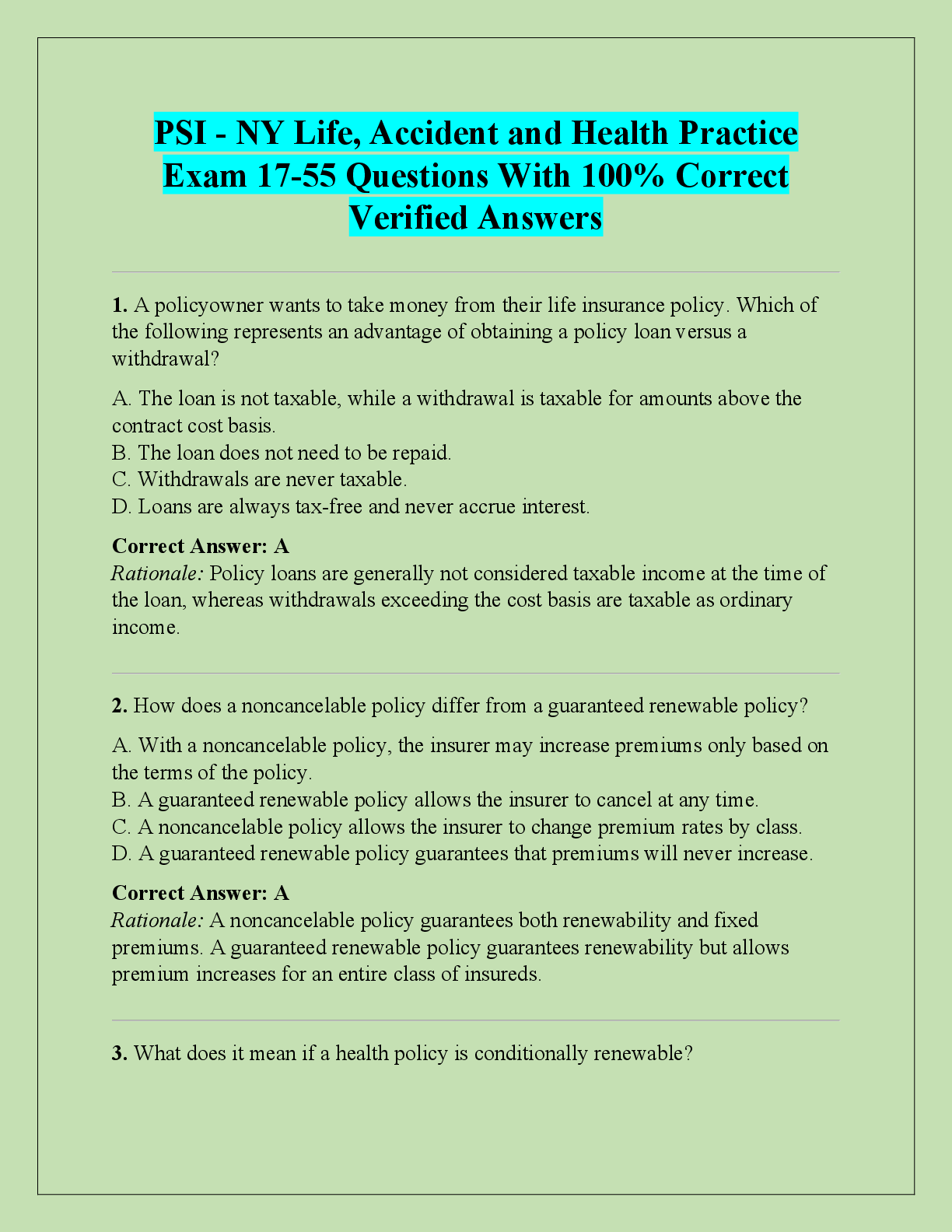 Preview of PSI - NY Life, Accident and Health Practice  Exam 17-55 Questions With 100% Correct  Verif