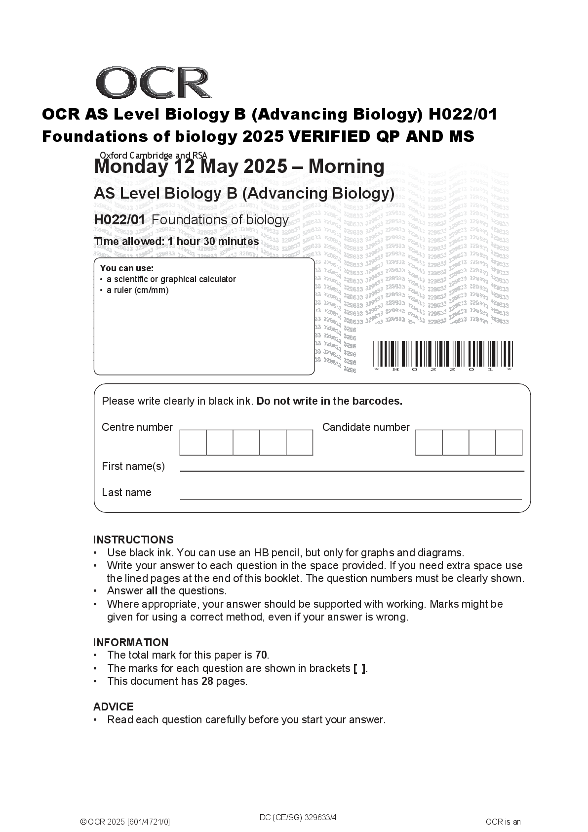 Recommended document preview for OCR AS Level Biology B (Advancing Biology) H022/01  Foundations of biology 2025 VERIFIED QP AND MS  OCR AS Level Biology B (Advancing Biology) H022/01  Foundations of biology 2025 VERIFIED QP AND MS  OCR AS Level Biology B (Advancing Biology) H022/01  Foundations of biology 2025 VERIFIED QP AND MS  OCR AS Level Biology B (Advancing Biology) H022/01  Foundations of biology 2025 VERIFIED QP AND MS  OCR AS Level Biology B (Advancing Biology) H022/01  Foundations of biology 2025 VERIFIED QP AND MS