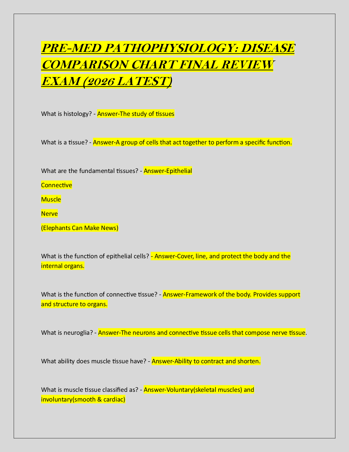 Recommended document preview for PRE-MED PATHOPHYSIOLOGY: DISEASE  COMPARISON CHART FINAL REVIEW  EXAM (2026 LATEST)