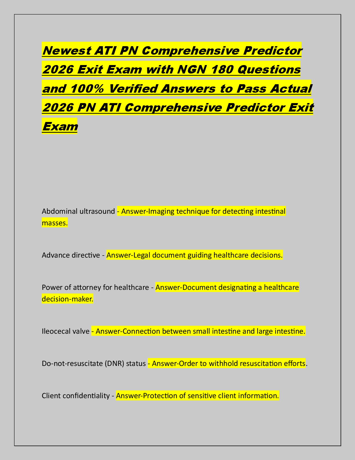 Recommended document preview for Newest ATI PN Comprehensive Predictor  2026 Exit Exam with NGN 180 Questions  and 100% Verified Answers to Pass Actual  2026 PN ATI Comprehensive Predictor Exit  Exam