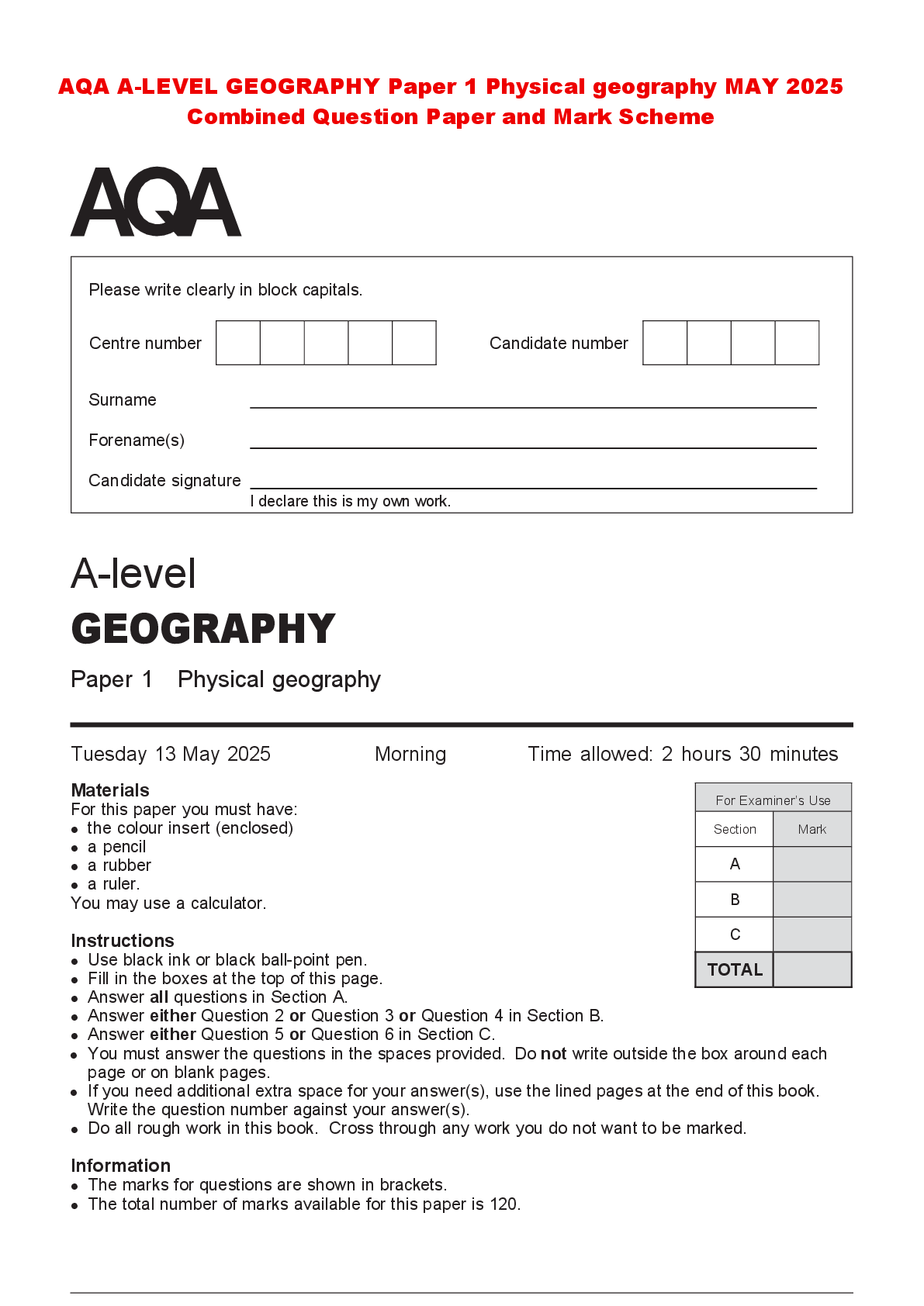 Recommended document preview for AQA A-LEVEL GEOGRAPHY Paper 1 Physical geography MAY 2025 Combined Question Paper and Mark Scheme