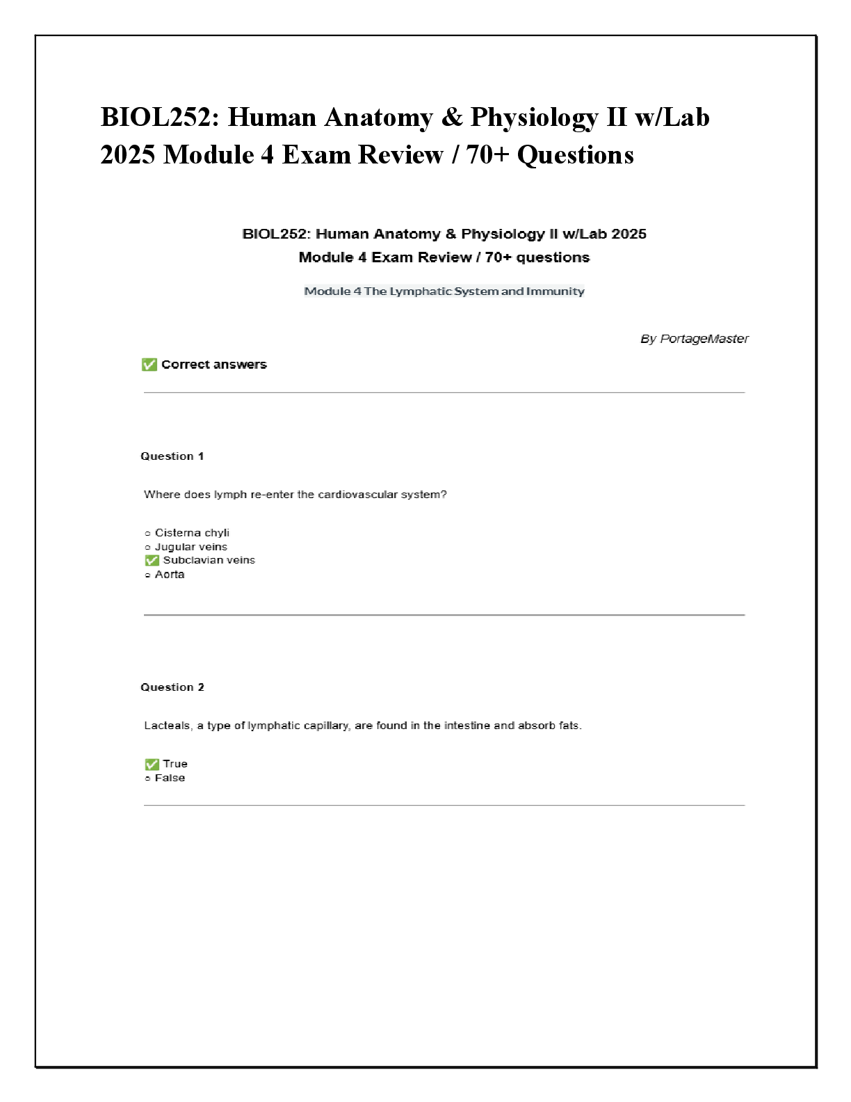 Preview of BIOL252: Human Anatomy & Physiology II w/Lab  2025 Module 4 Exam Review / 70+ Questions
