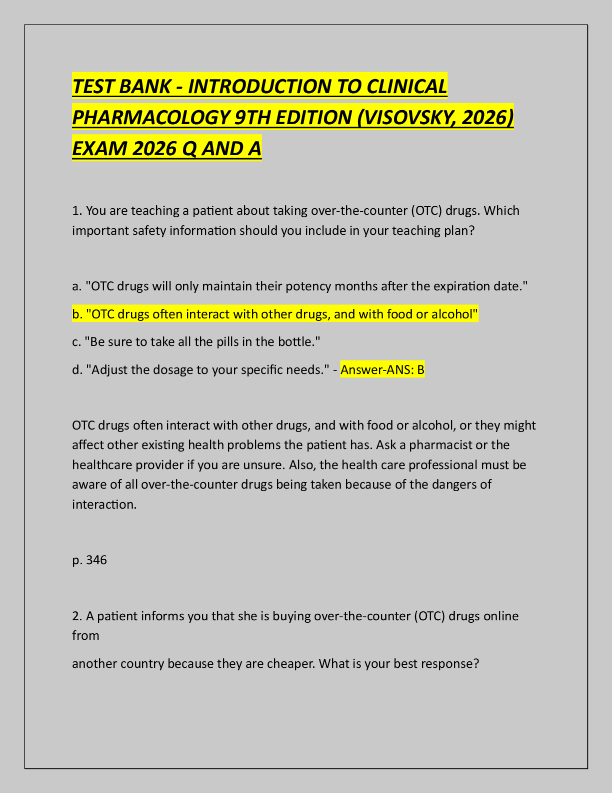Recommended document preview for TEST BANK - INTRODUCTION TO CLINICAL  PHARMACOLOGY 9TH EDITION (VISOVSKY, 2026)  EXAM 2026 Q AND A