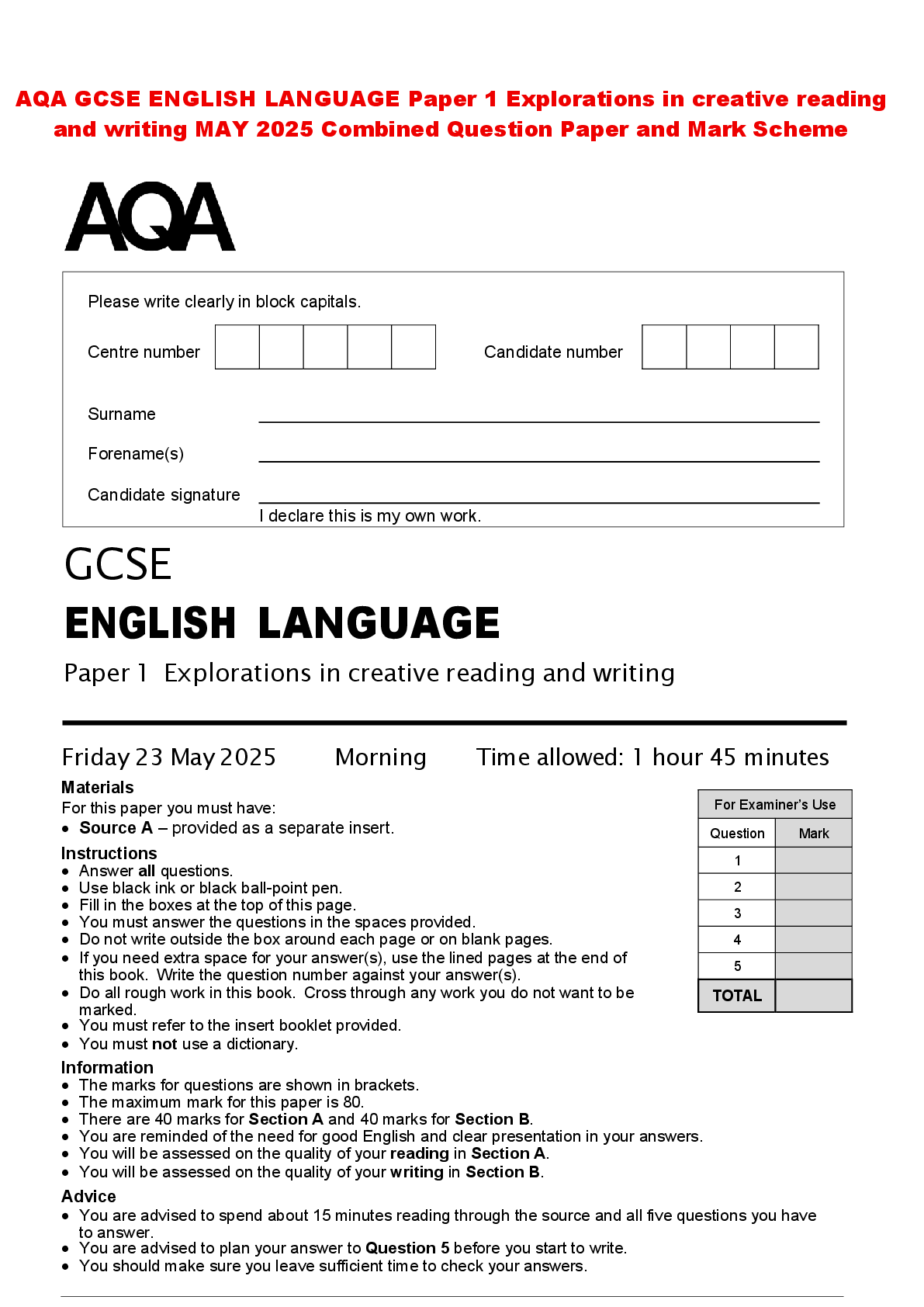 Recommended document preview for AQA GCSE ENGLISH LANGUAGE Paper 1 Explorations in creative reading and writing MAY 2025 Combined Question Paper and Mark Scheme