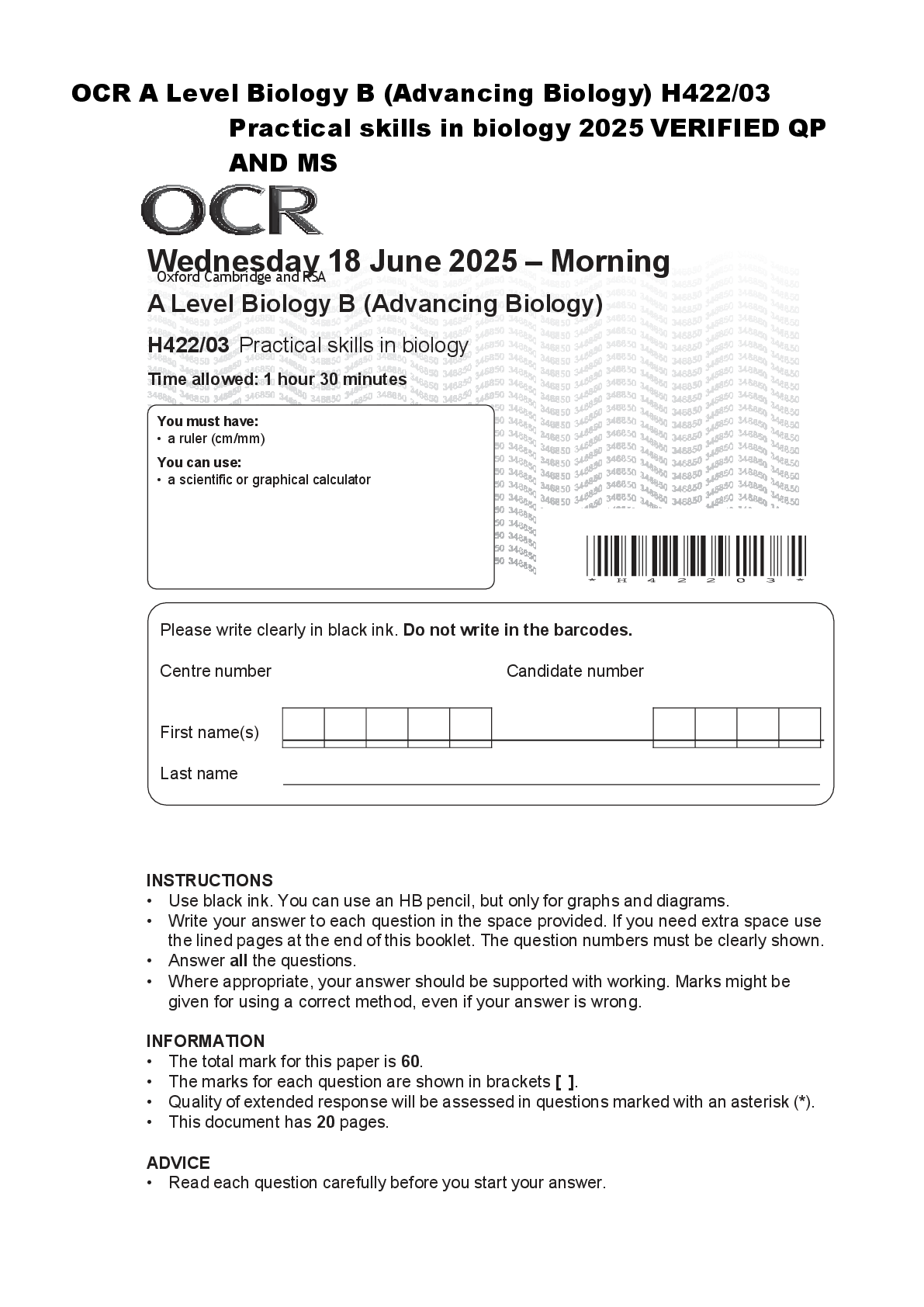 Preview of VOCR A Level Biology B (Advancing Biology) H422/03  Practical skills in biology 2025 VERIF
