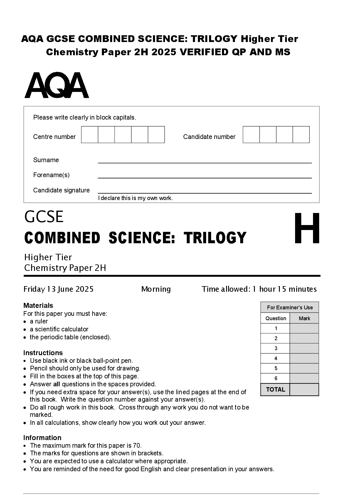 Preview of AQA GCSE COMBINED SCIENCE: TRILOGY Higher Tier  Chemistry Paper 2H 2025 VERIFIED QP AND MS