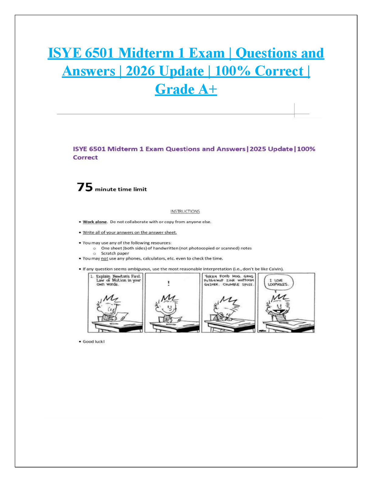 Recommended document preview for ISYE 6501 Midterm 1 Exam | Questions and  Answers | 2026 Update | 100% Correct |  Grade A+