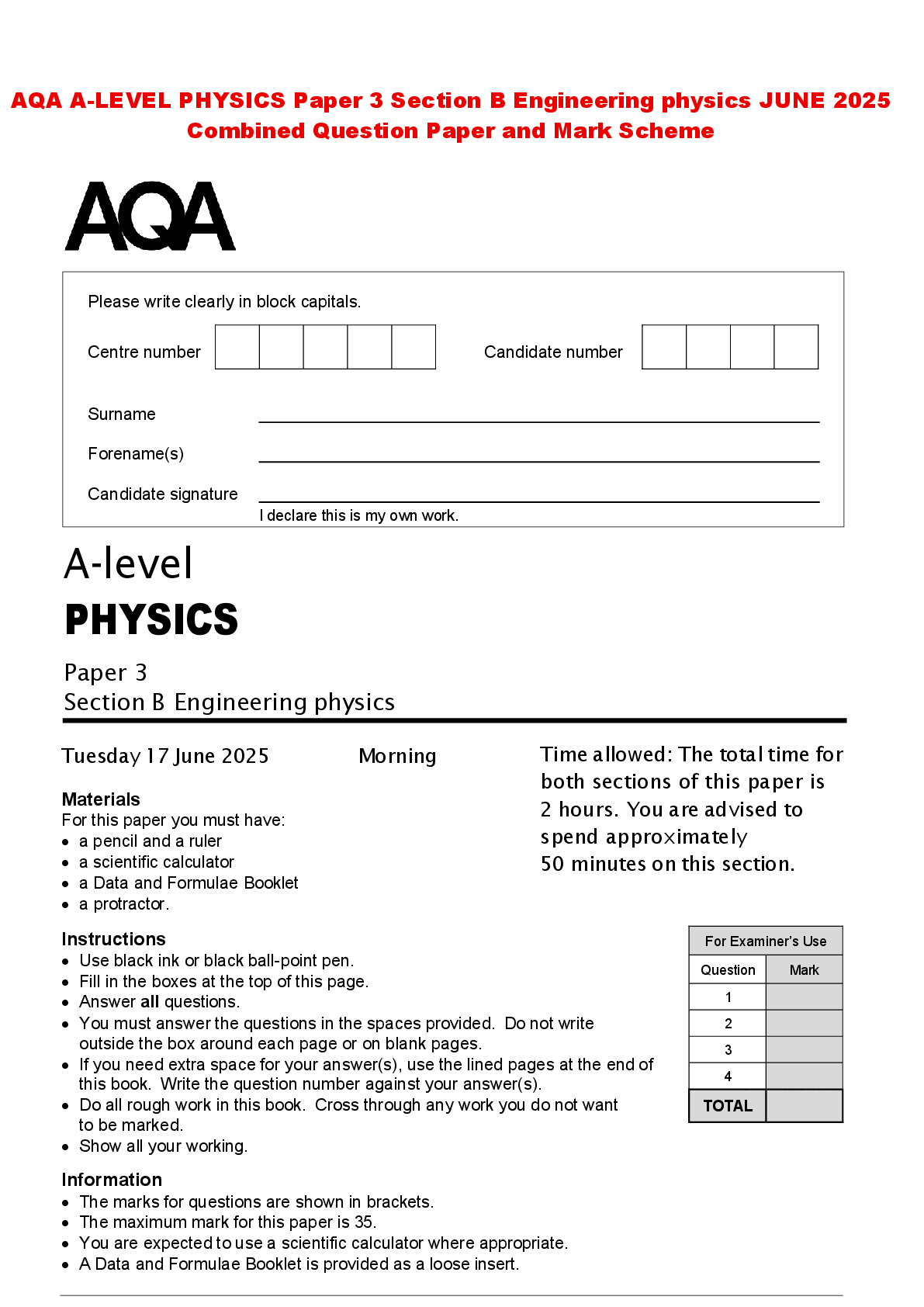 Recommended document preview for AQA A-LEVEL PHYSICS Paper 3 Section B Engineering physics JUNE 2025 Combined Question Paper and Mark Scheme