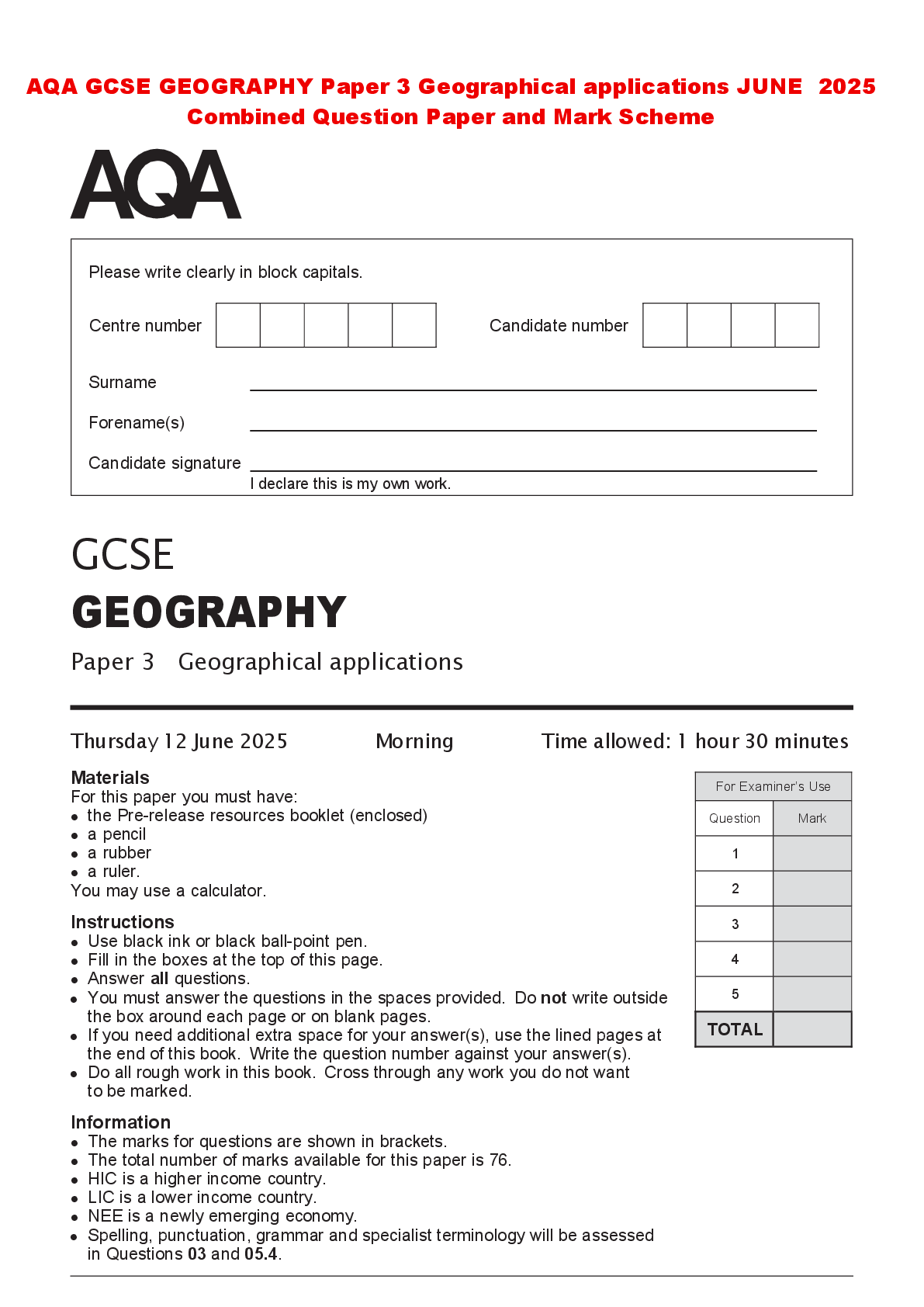 Recommended document preview for AQA GCSE GEOGRAPHY Paper 3 Geographical applications JUNE 2025 Combined Question Paper and Mark Scheme