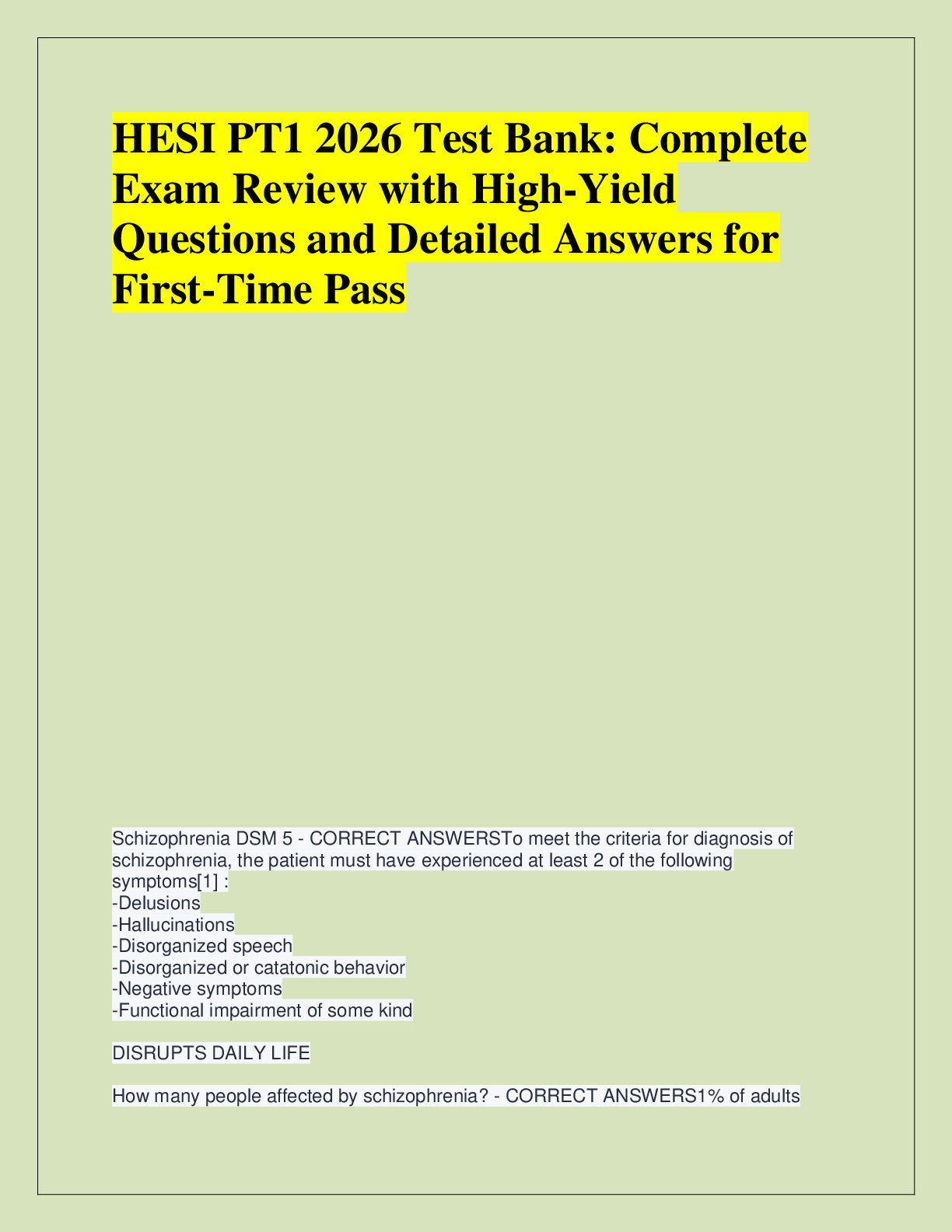Recommended document preview for HESI PT1 2026 Test Bank: Complete  Exam Review with High-Yield  Questions and Detailed Answers for  First-Time Pass