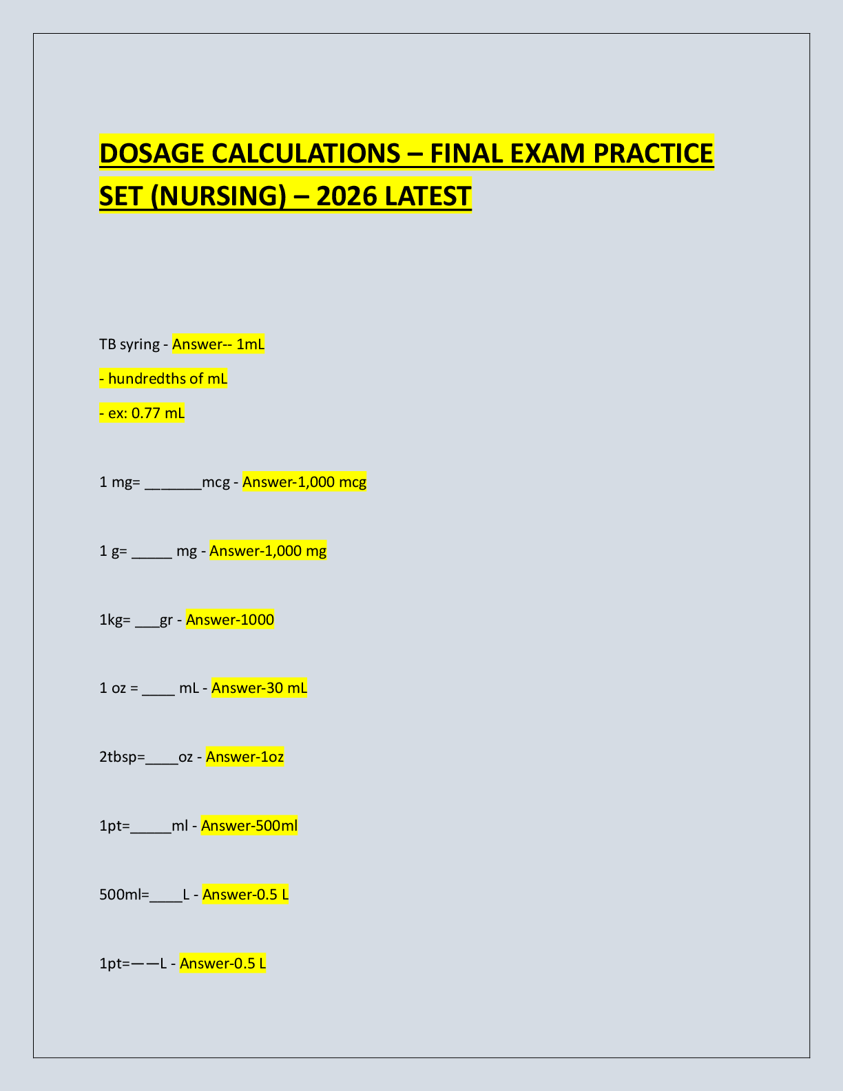 Preview of DOSAGE CALCULATIONS – FINAL EXAM PRACTICE  SET (NURSING) – 2026 LATEST