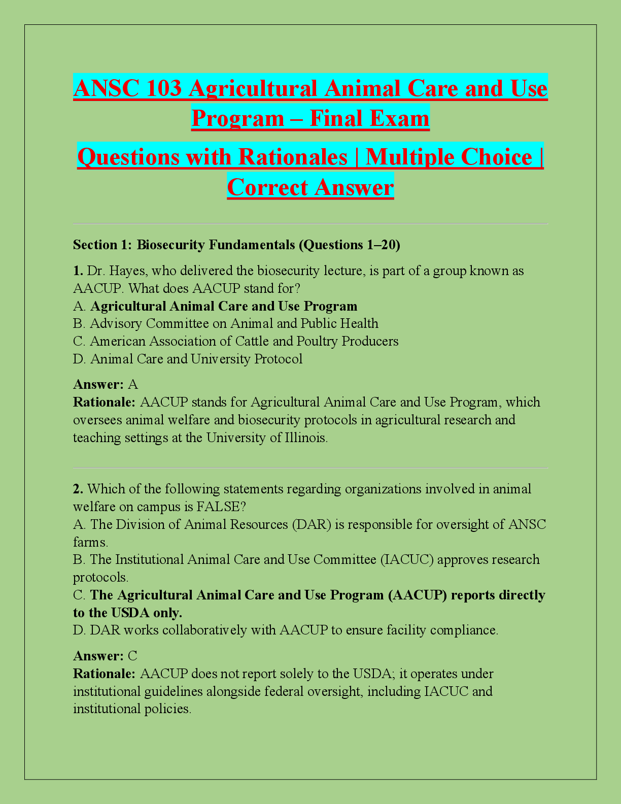 Recommended document preview for ANSC 103 Agricultural Animal Care and Use  Program – Final Exam  Questions with Rationales | Multiple Choice |  Correct Answer