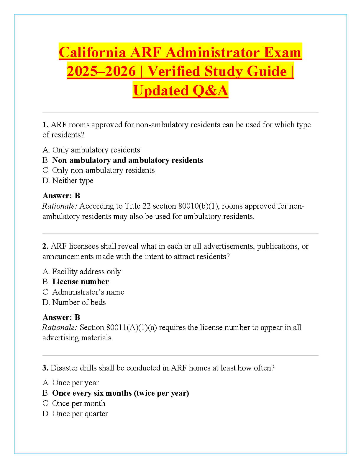 Recommended document preview for California ARF Administrator Exam  2025–2026 | Verified Study Guide |  Updated Q&A