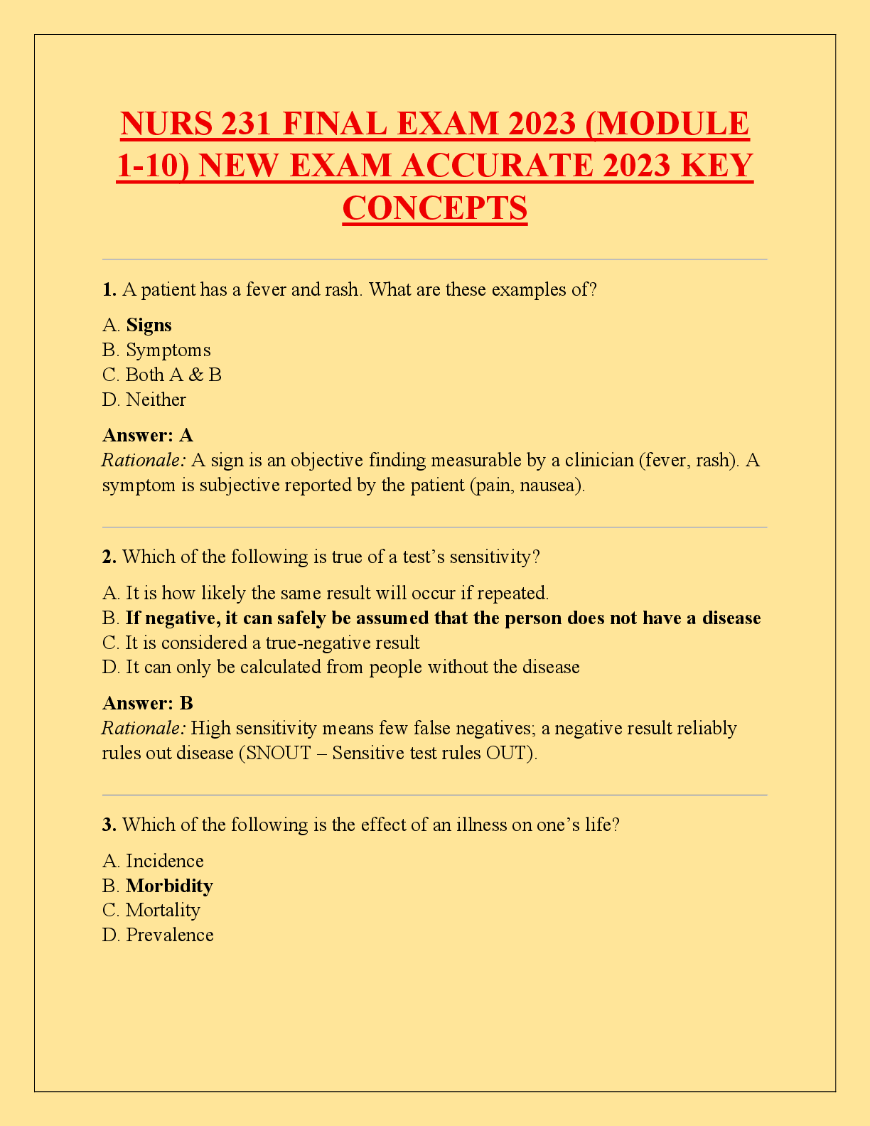 Preview of NURS 231 FINAL EXAM 2023 (MODULE  1-10) NEW EXAM ACCURATE 2023 KEY  CONCEPTS