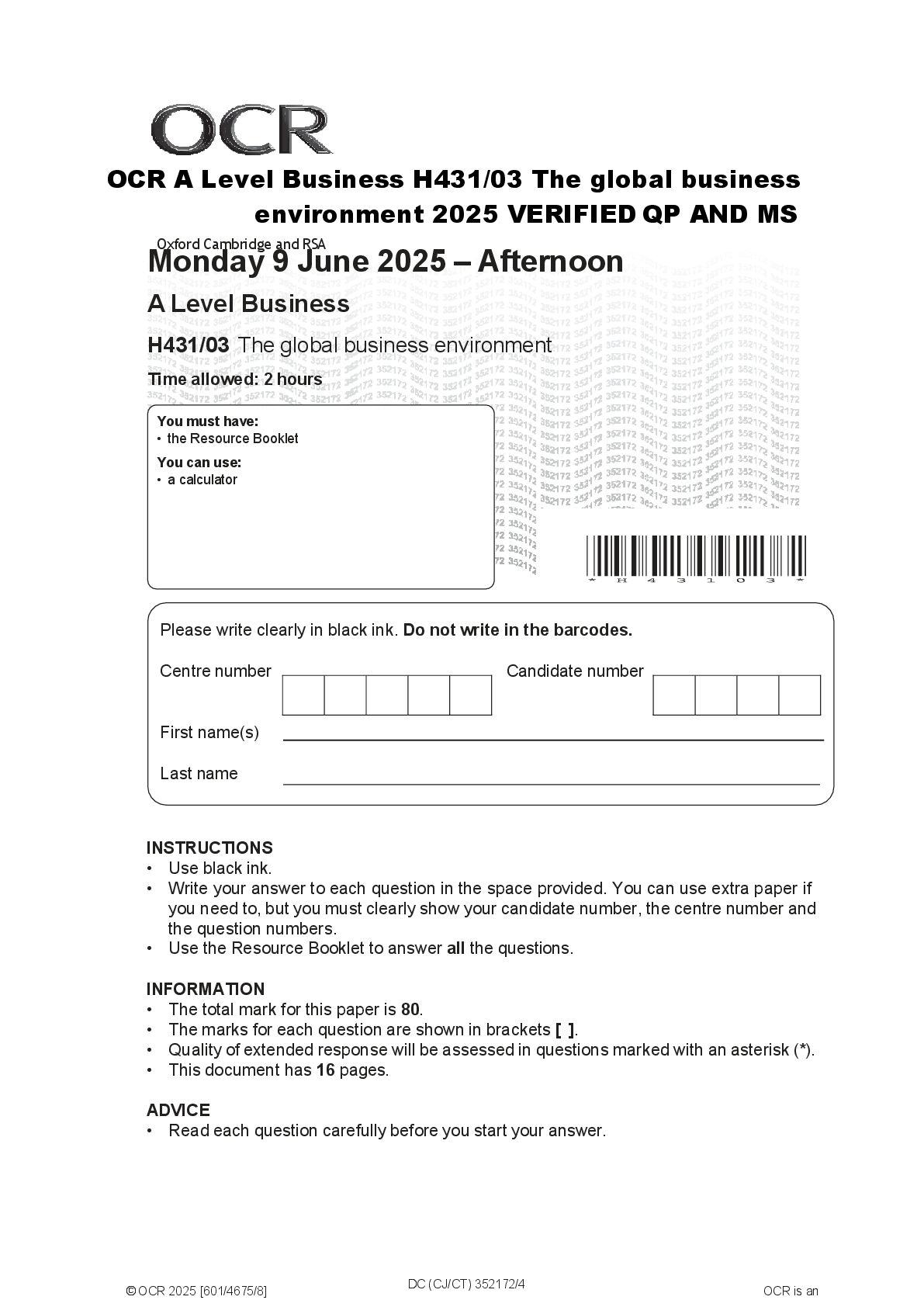 Preview of OCR A Level Business H431/03 The global business  environment 2025 VERIFIED QP AND MS