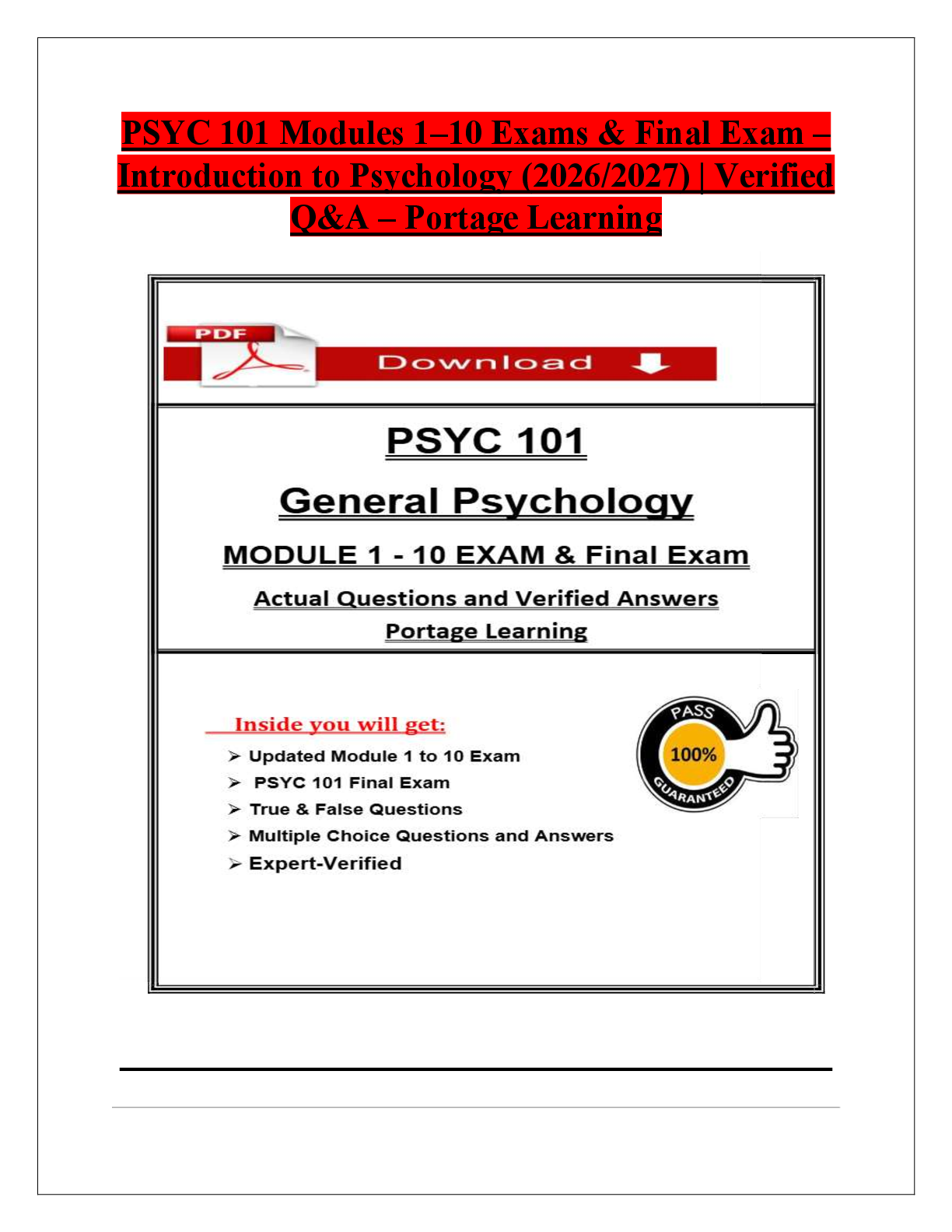 Recommended document preview for PSYC 101 Modules 1–10 Exams & Final Exam –  Introduction to Psychology (2026/2027) | Verified  Q&A – Portage Learning
