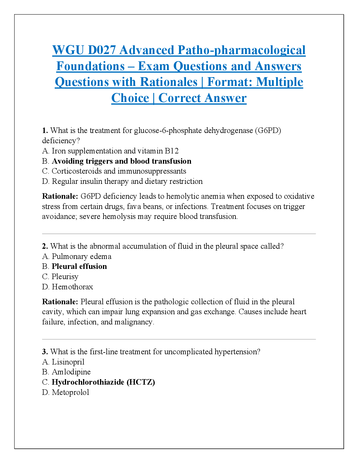 Preview of WGU D027 Advanced Patho-pharmacological  Foundations – Exam Questions and Answers  Questio