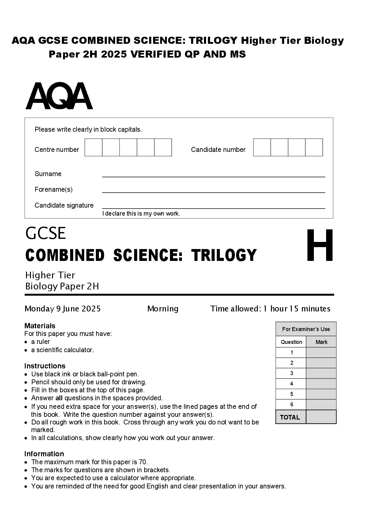 Preview of AQA GCSE COMBINED SCIENCE: TRILOGY Higher Tier Biology  Paper 2H 2025 VERIFIED QP AND MS