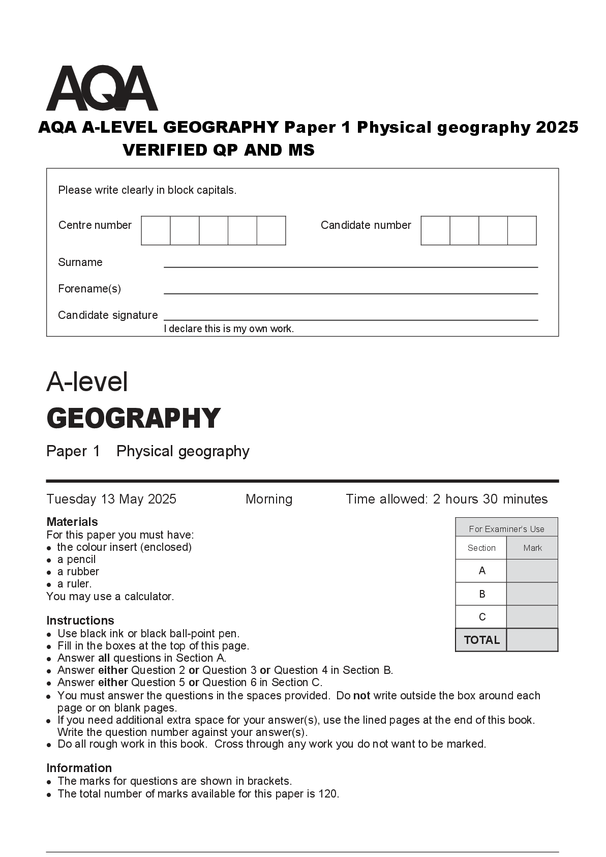 Preview of AQA A-LEVEL GEOGRAPHY Paper 1 Physical geography 2025  VERIFIED QP AND MS