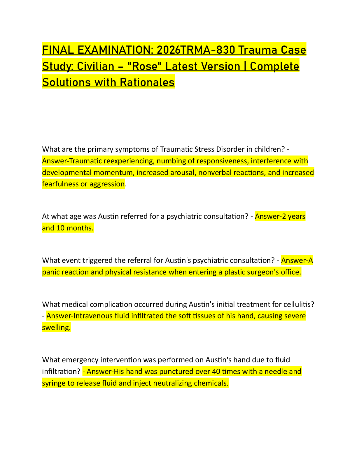 Preview of FINAL EXAMINATION: 2026TRMA-830 Trauma Case  Study: Civilian – "Rose" Latest Version | Com