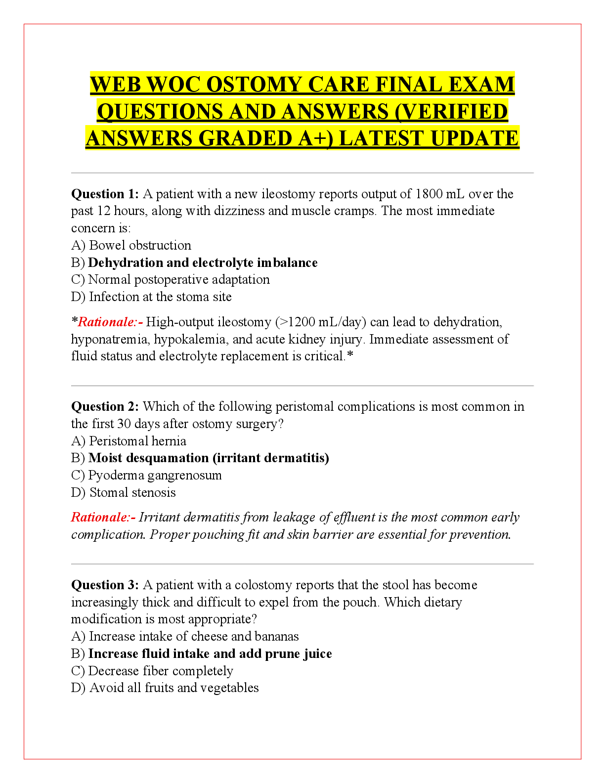 Recommended document preview for WEB WOC OSTOMY CARE FINAL EXAM  QUESTIONS AND ANSWERS (VERIFIED  ANSWERS GRADED A+) LATEST UPDATE