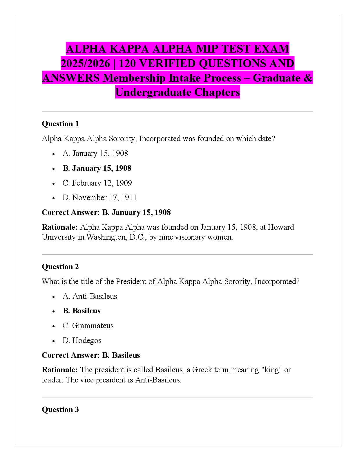 Recommended document preview for ALPHA KAPPA ALPHA MIP TEST EXAM  2025/2026 | 120 VERIFIED QUESTIONS AND  ANSWERS Membership Intake Process – Graduate &  Undergraduate Chapters