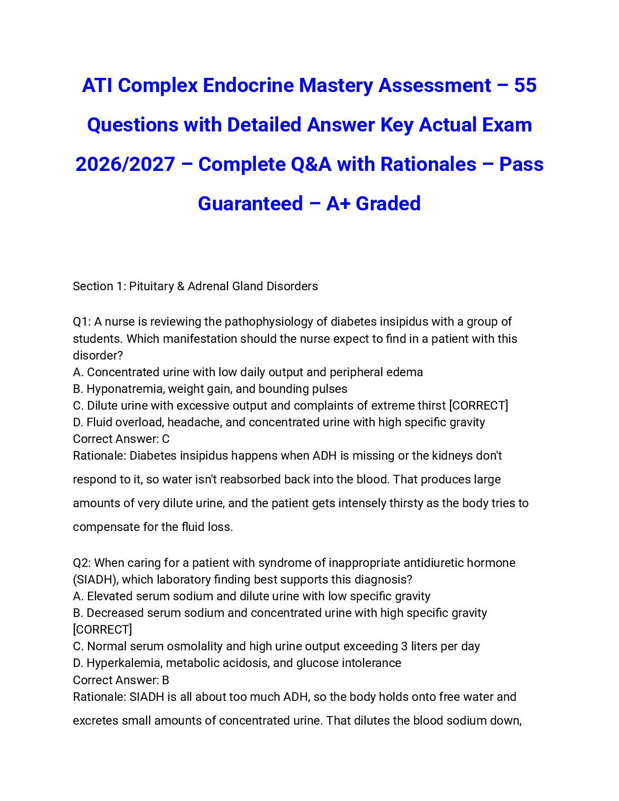 Recommended document preview for ATI Complex Endocrine Mastery Assessment – 55 Questions with Detailed Answer Key Actual Exam 2026/2027 – Complete Q&A with Rationales – Pass Guaranteed – A+ Graded